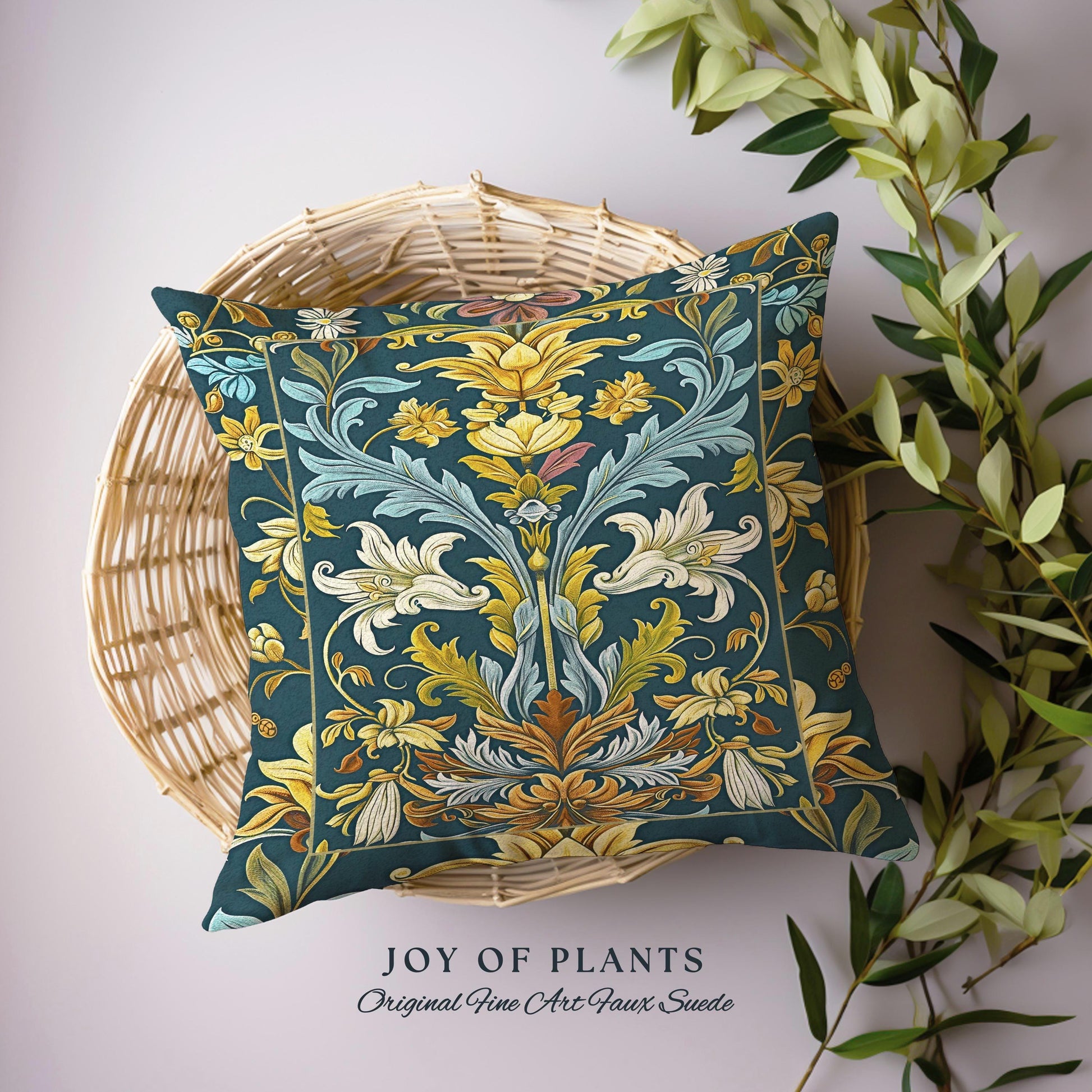 Art Nouveau Floral Ornate Throw Pillow Renaissance Style Botanical Dark Academia, William Morris Inspired Rustic Farmhouse Tapestry Cushion