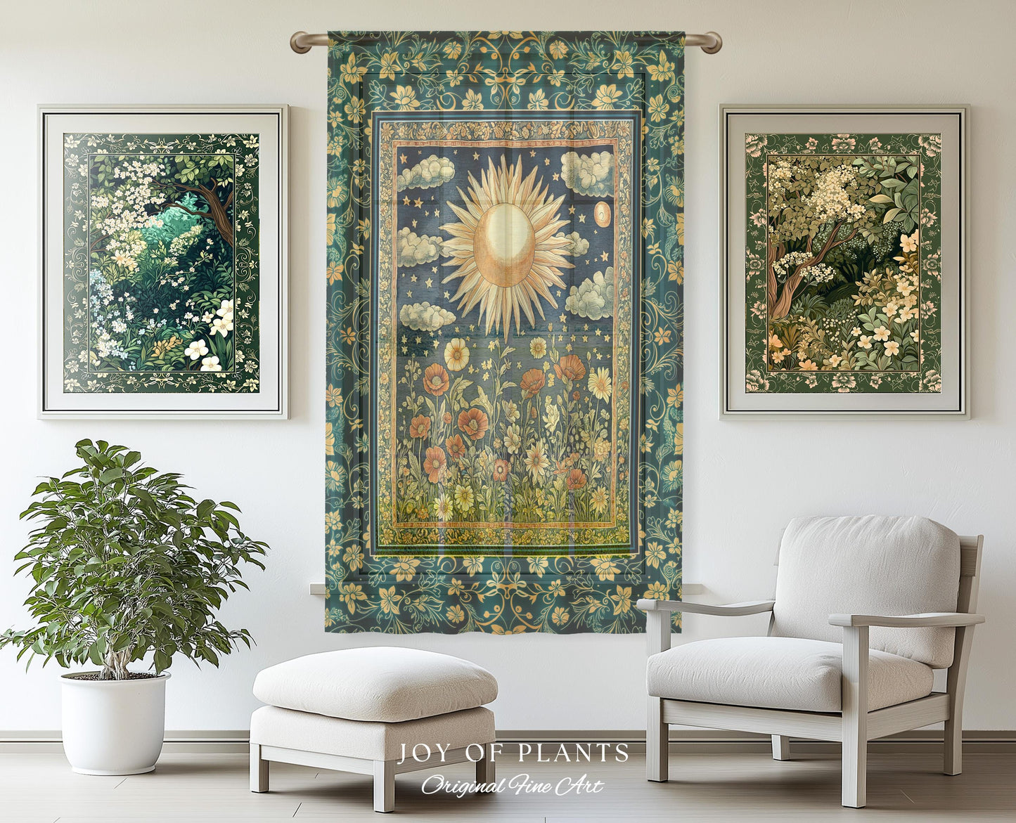 Maximalist Sun Goddess Curtain | Nature Botanical Drapes Floral Light Academia Spiritual Aesthetic Zodiac Theme Celestial Bedroom Decor |