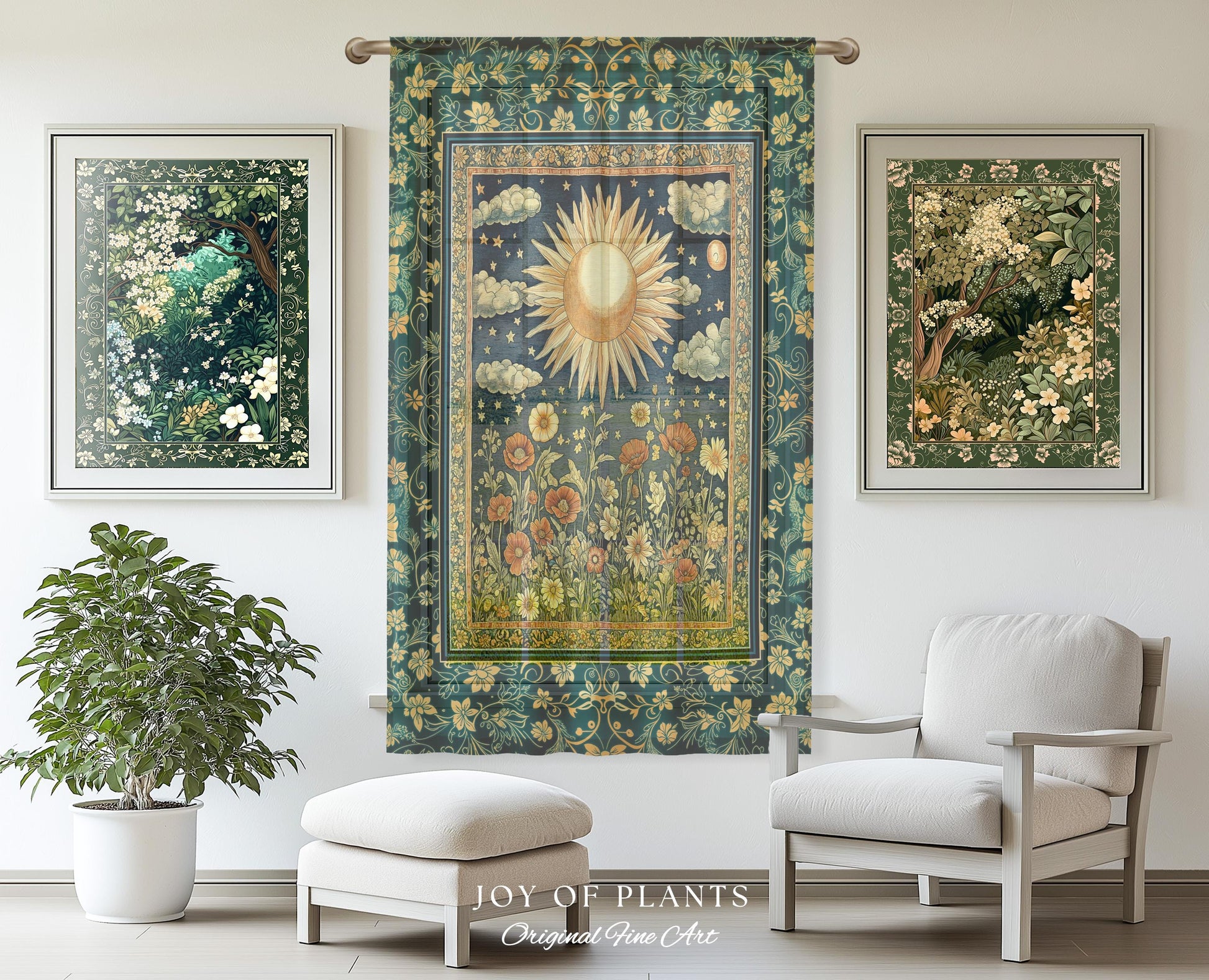 Maximalist Sun Goddess Curtain | Nature Botanical Drapes Floral Light Academia Spiritual Aesthetic Zodiac Theme Celestial Bedroom Decor |