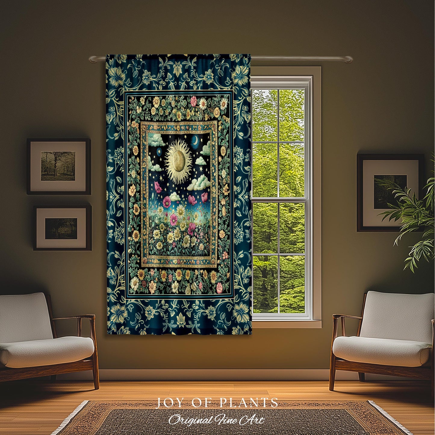Floral Gothic Celestial Curtain | Witchy Tarot Sun Moon Stars Spiritual Tarot Decor Bohemian Indie Bedroom Drapes Cozy Cottagecore Aesthetic
