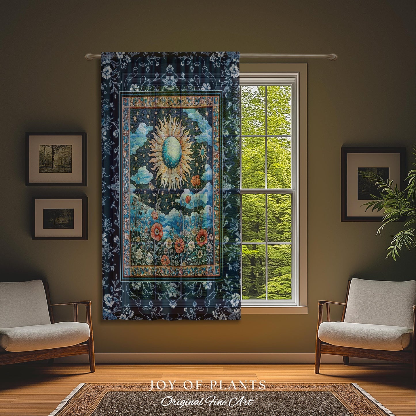 Retro Astrology Window Curtains | Whimsigothic Bedroom Maximalist Hippie Floral Woven Tapestry Psychedelic Cottagecore Ethereal Aesthetic |