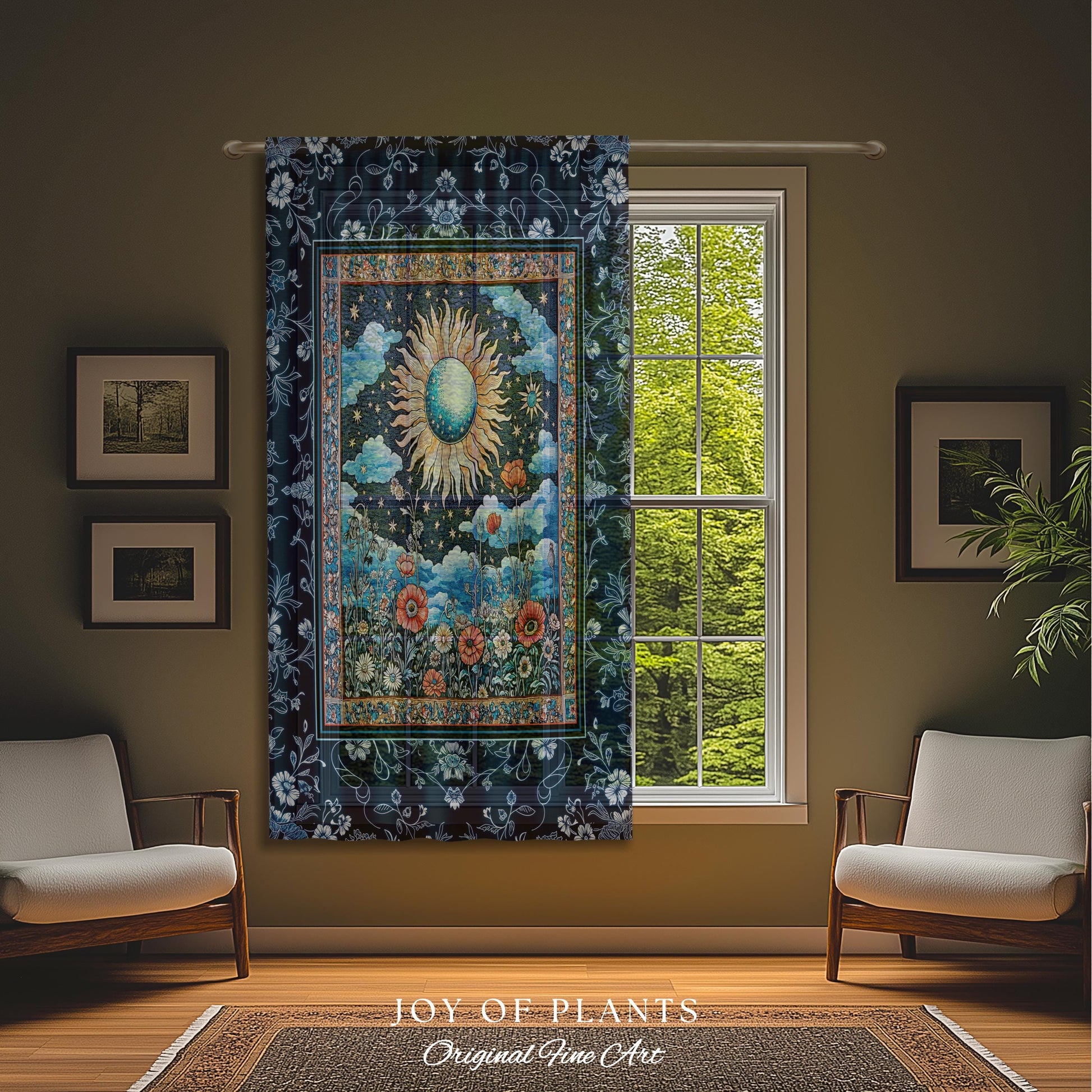 Retro Astrology Window Curtains | Whimsigothic Bedroom Maximalist Hippie Floral Woven Tapestry Psychedelic Cottagecore Ethereal Aesthetic |