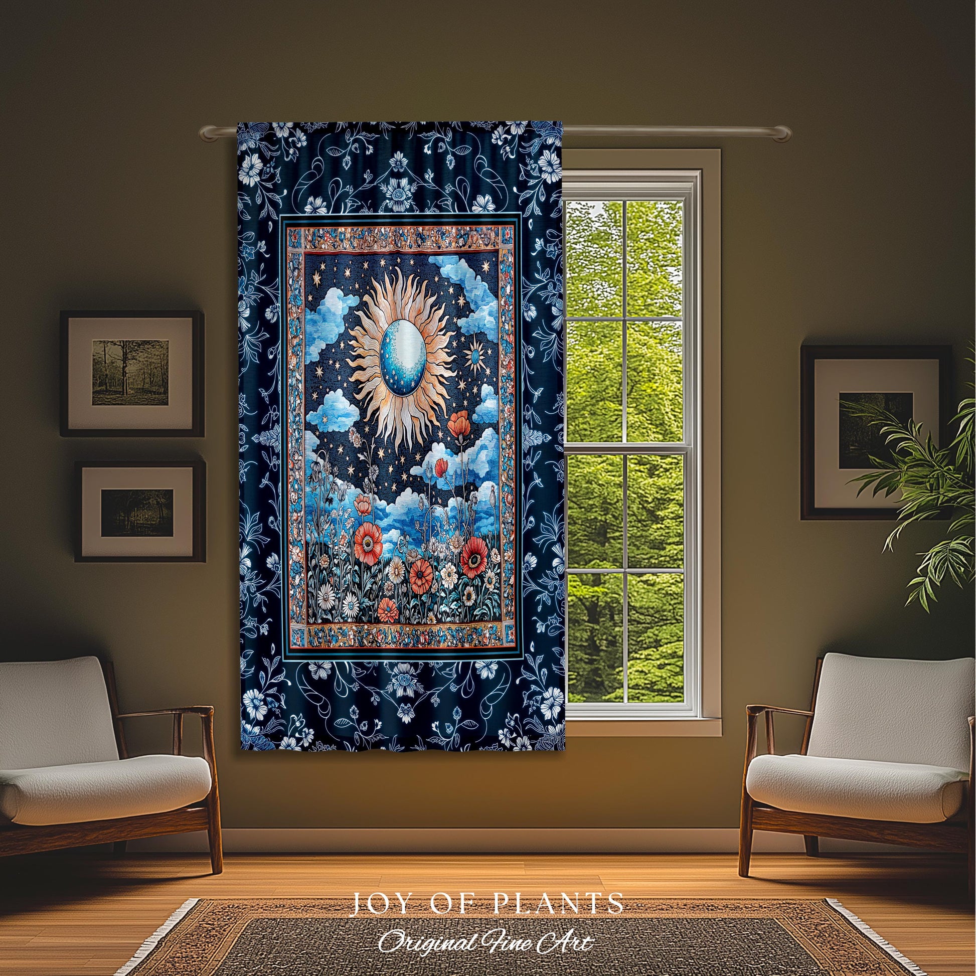 Retro Astrology Window Curtains | Whimsigothic Bedroom Maximalist Hippie Floral Woven Tapestry Psychedelic Cottagecore Ethereal Aesthetic |