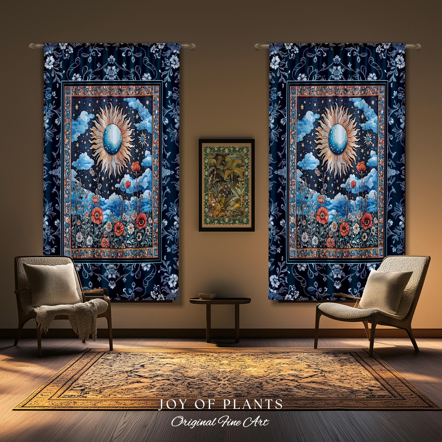 Retro Astrology Window Curtains | Whimsigothic Bedroom Maximalist Hippie Floral Woven Tapestry Psychedelic Cottagecore Ethereal Aesthetic |