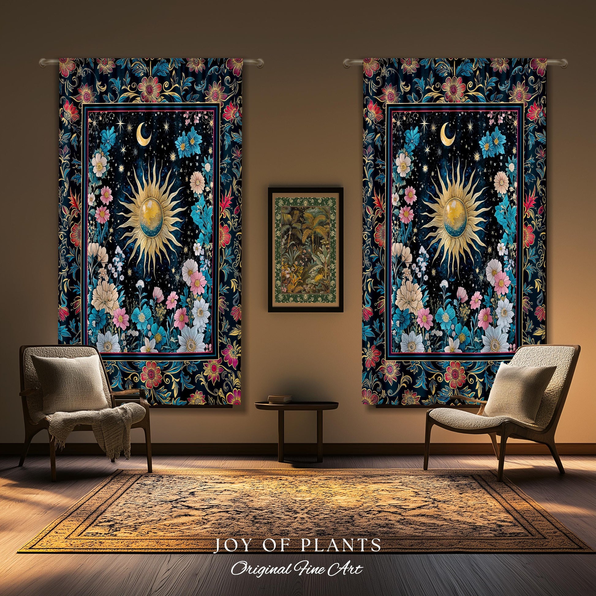 Celestial Sun Rustic Curtains | Eclectic Bedroom Accent Wildflowers Drapes Cosmic Astrology Aesthetic Psychedelic Tarot Inspired Home Decor
