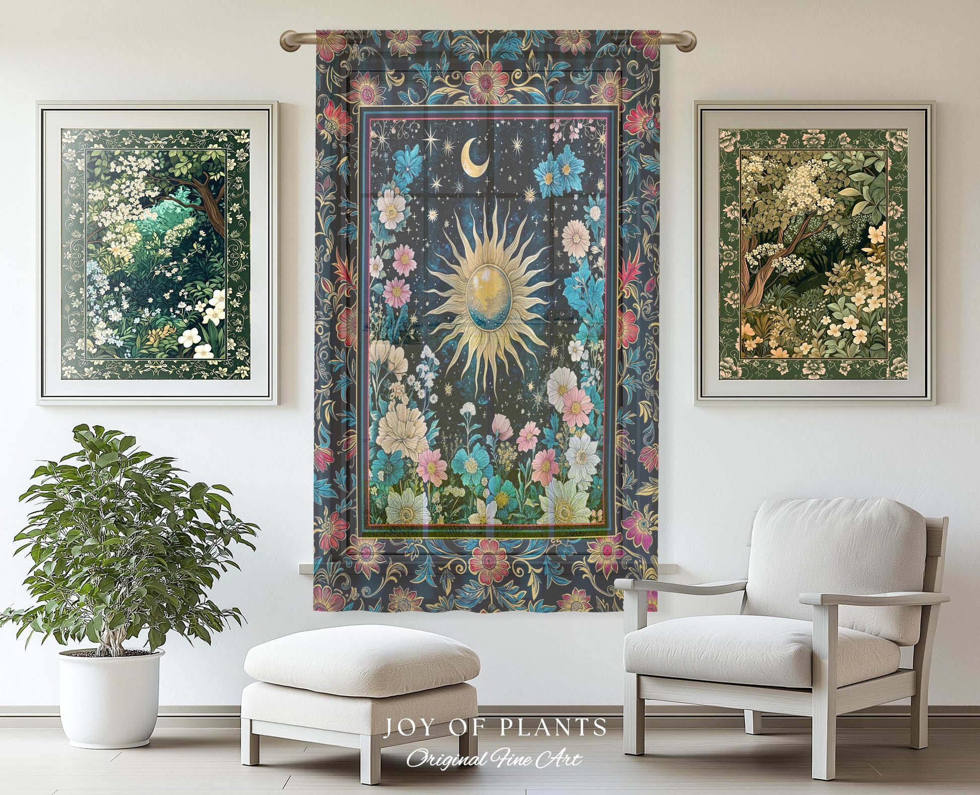 Celestial Sun Rustic Curtains | Eclectic Bedroom Accent Wildflowers Drapes Cosmic Astrology Aesthetic Psychedelic Tarot Inspired Home Decor