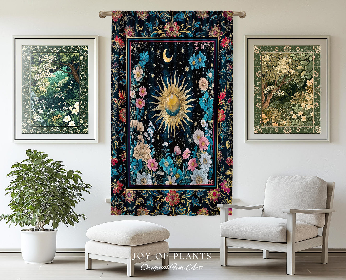 Celestial Sun Rustic Curtains | Eclectic Bedroom Accent Wildflowers Drapes Cosmic Astrology Aesthetic Psychedelic Tarot Inspired Home Decor