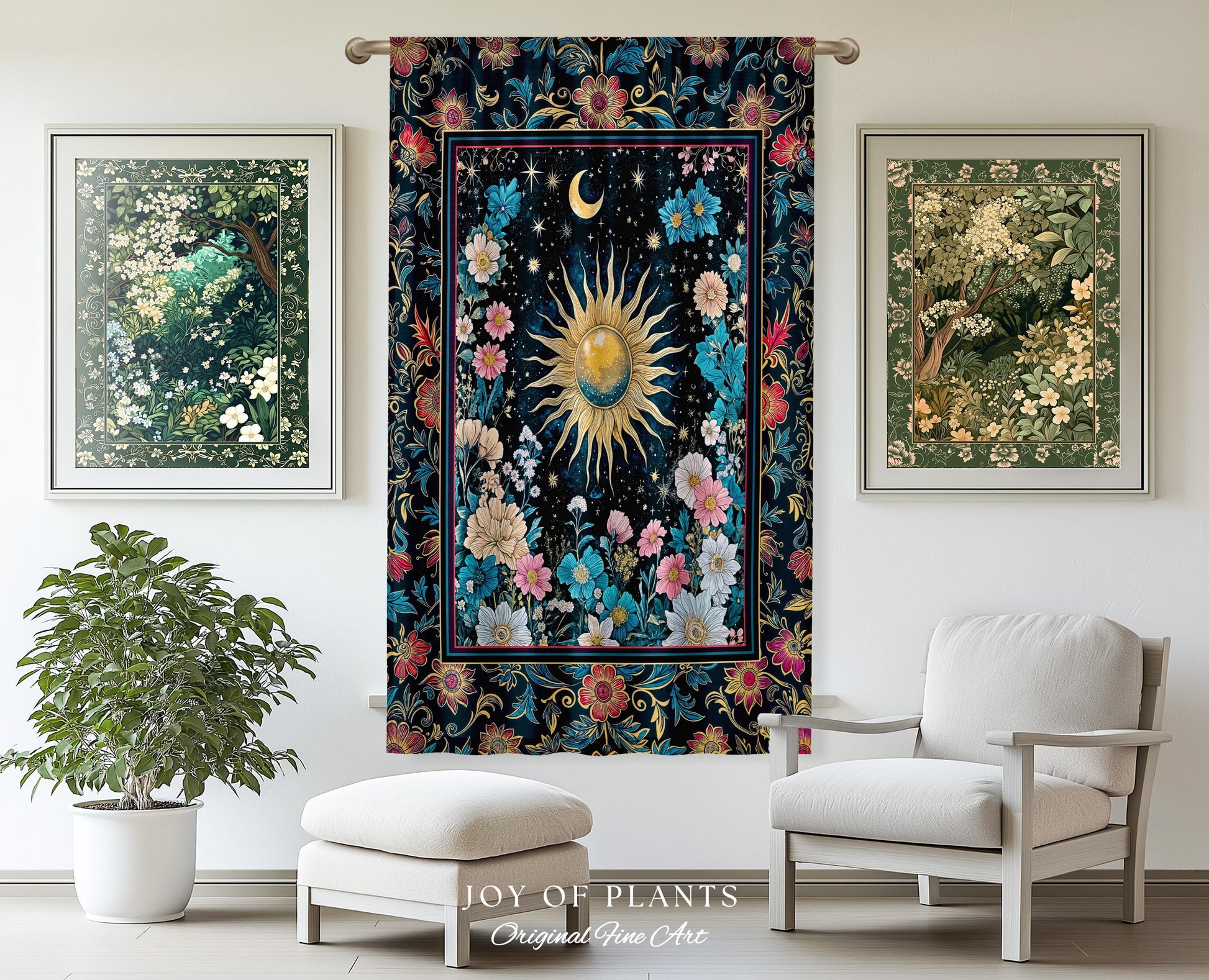 Celestial Sun Rustic Curtains | Eclectic Bedroom Accent Wildflowers Drapes Cosmic Astrology Aesthetic Psychedelic Tarot Inspired Home Decor