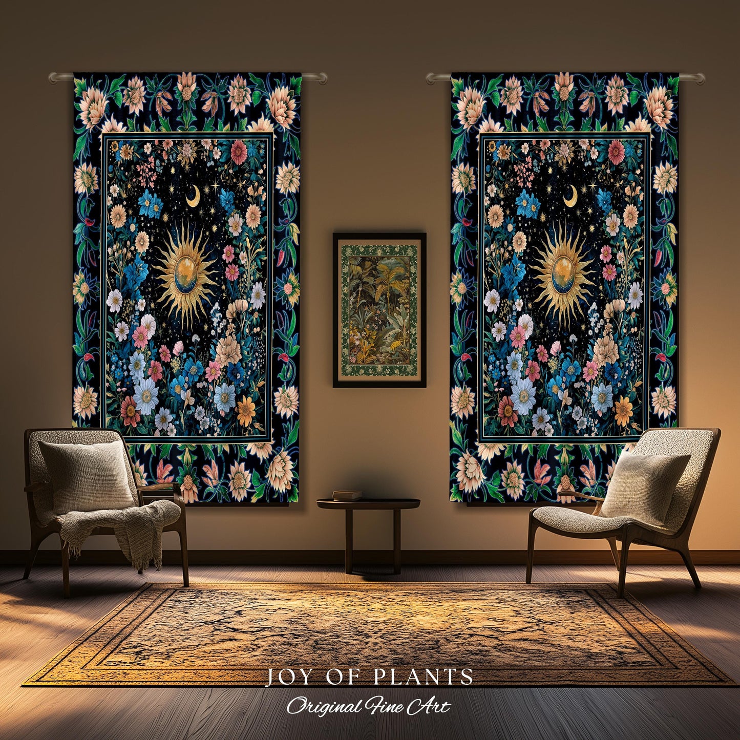 Colorful Maximalist Boho Sun Curtain | Whimsigothic Tarot Drapes Celestial Spiritual Decor Bohemian Indie Bedroom Sun and Moon Cozy Nursery