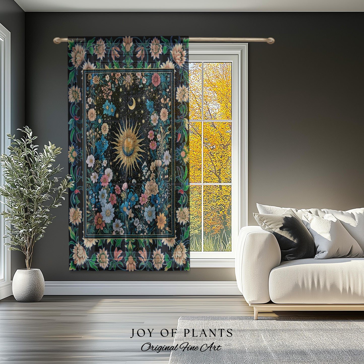 Colorful Maximalist Boho Sun Curtain | Whimsigothic Tarot Drapes Celestial Spiritual Decor Bohemian Indie Bedroom Sun and Moon Cozy Nursery