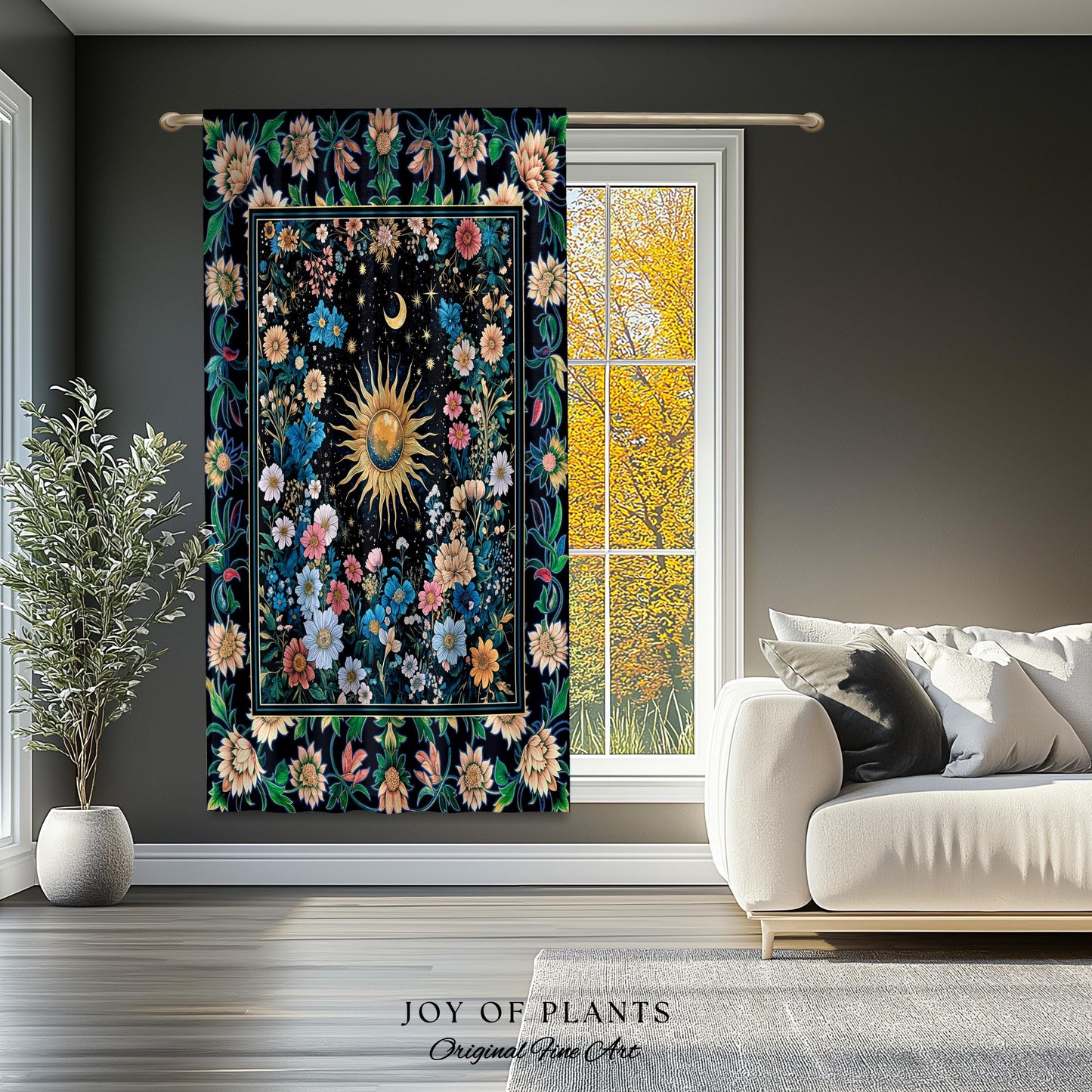 Colorful Maximalist Boho Sun Curtain | Whimsigothic Tarot Drapes Celestial Spiritual Decor Bohemian Indie Bedroom Sun and Moon Cozy Nursery