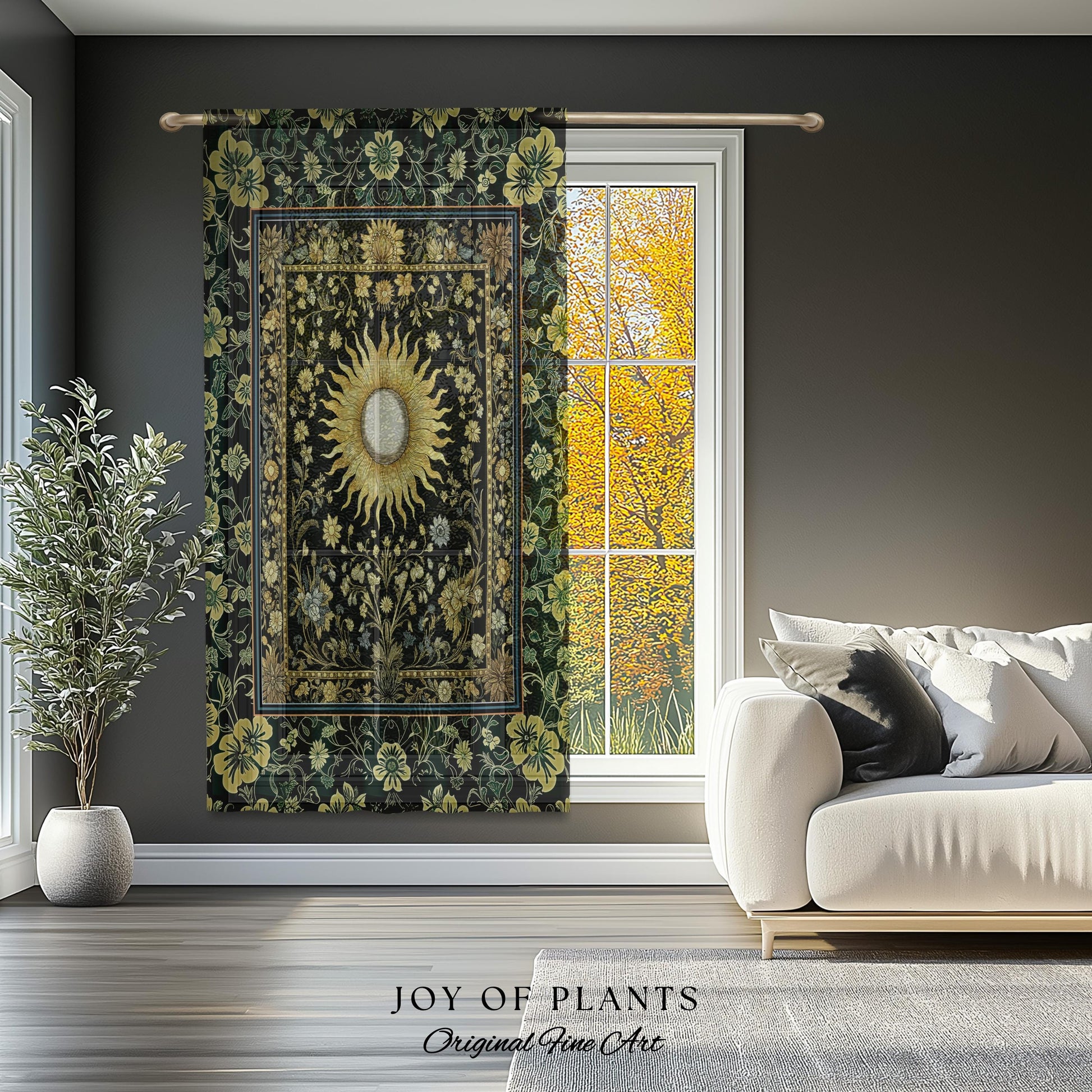 Boho Tarot Sun Window Curtain | Zodiac Inspired Mystical Drapes Floral Whimsical Ethereal Moon and Stars Astrology Aesthetic Witchy Decor |