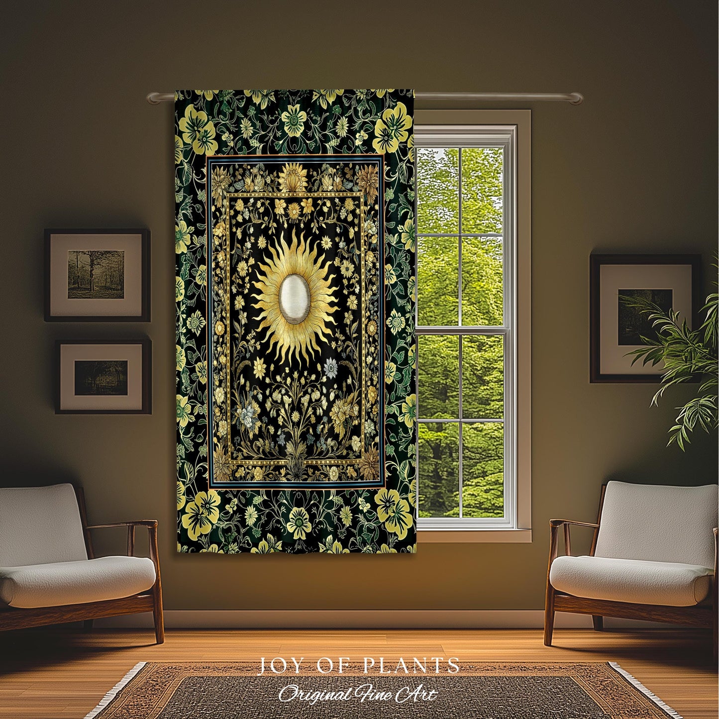 Boho Tarot Sun Window Curtain | Zodiac Inspired Mystical Drapes Floral Whimsical Ethereal Moon and Stars Astrology Aesthetic Witchy Decor |