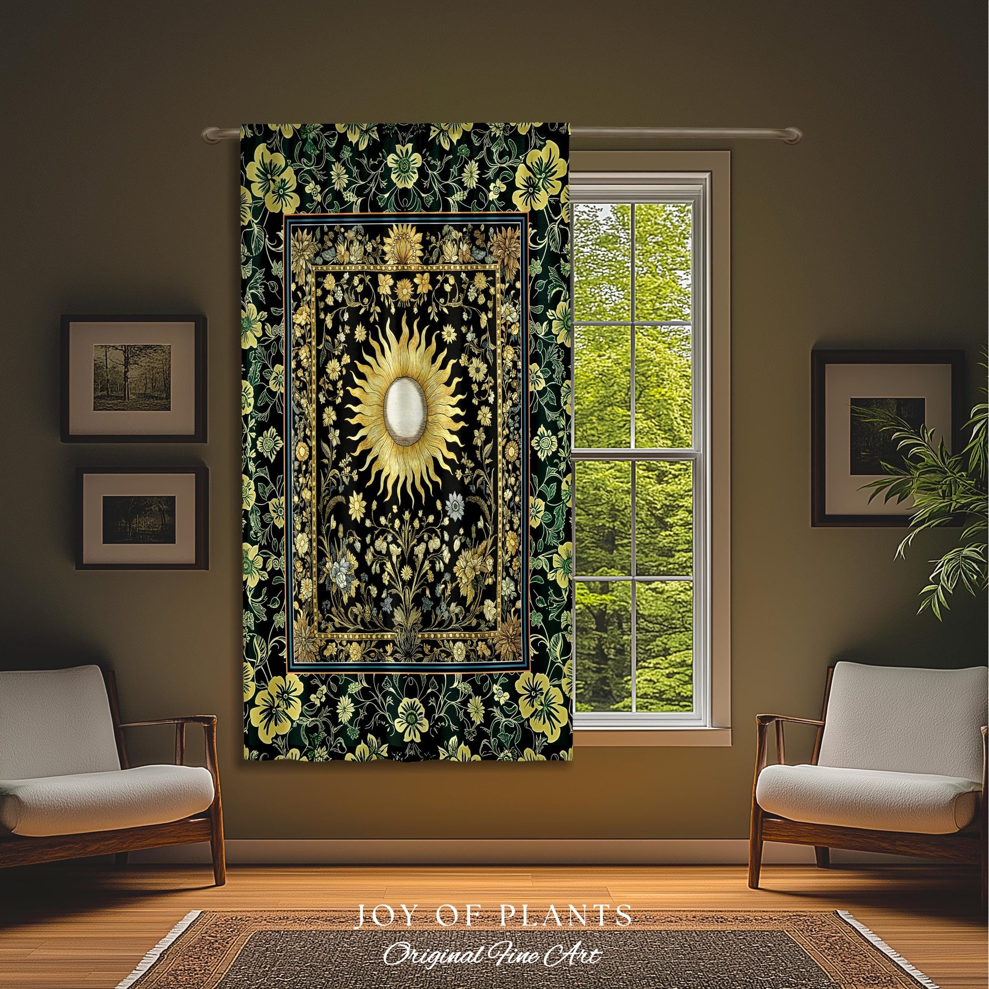 Boho Tarot Sun Window Curtain | Zodiac Inspired Mystical Drapes Floral Whimsical Ethereal Moon and Stars Astrology Aesthetic Witchy Decor |