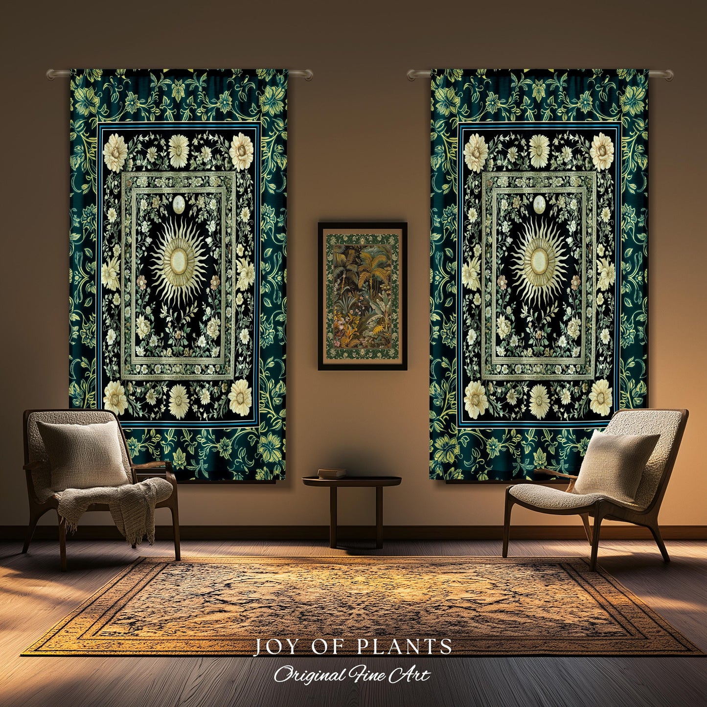 Witchy Celestial Sun Curtain | Magical Mystical Cozy Window Drapes Astrology Tapestry Spiritual Golden Sun Dark Academia Maximalist Bohemian