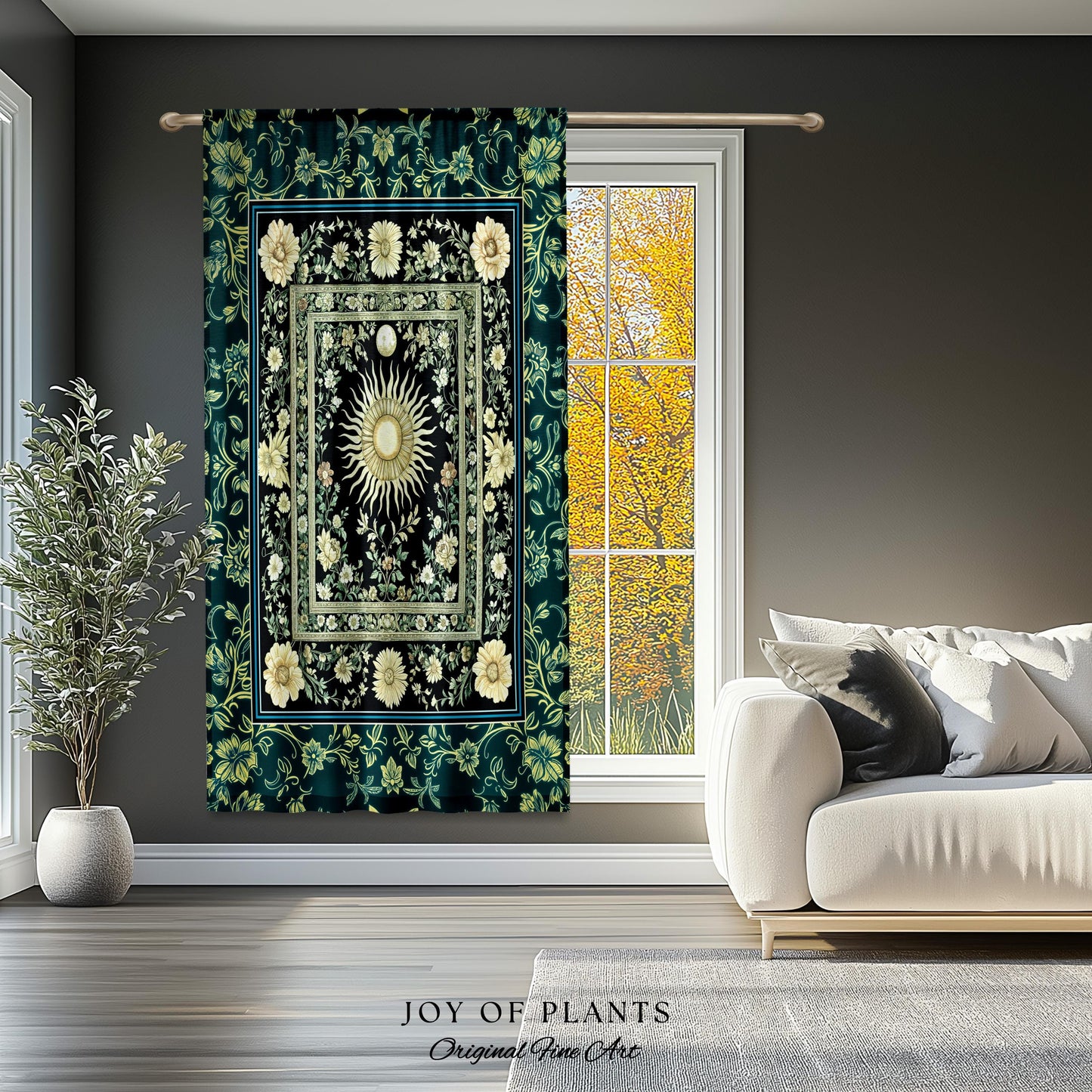 Witchy Celestial Sun Curtain | Magical Mystical Cozy Window Drapes Astrology Tapestry Spiritual Golden Sun Dark Academia Maximalist Bohemian