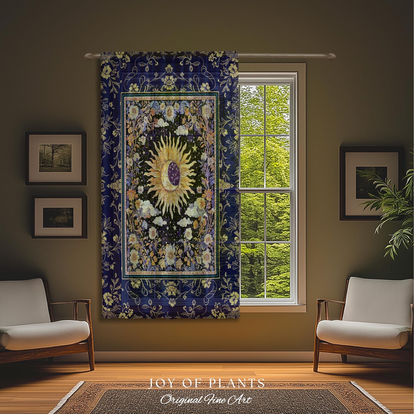 Cosmic Whimsy Fairycore Curtain | Ethereal Sun Drapes for Celestial Bedroom Floral Tarot Theme Sun and Moon Colorful Maximalist Witchy Style