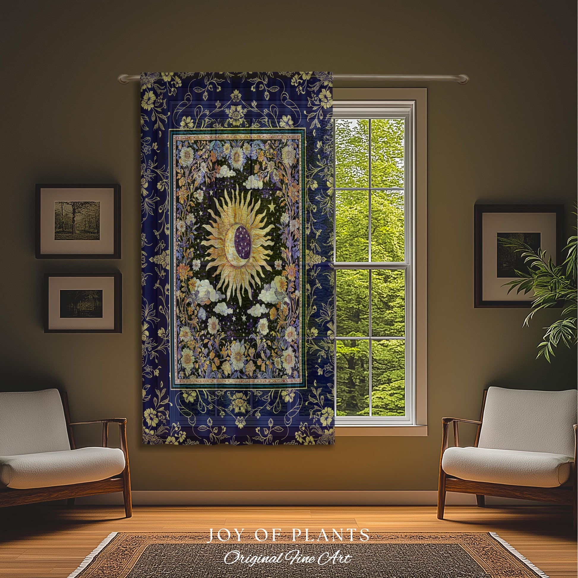 Cosmic Whimsy Fairycore Curtain | Ethereal Sun Drapes for Celestial Bedroom Floral Tarot Theme Sun and Moon Colorful Maximalist Witchy Style