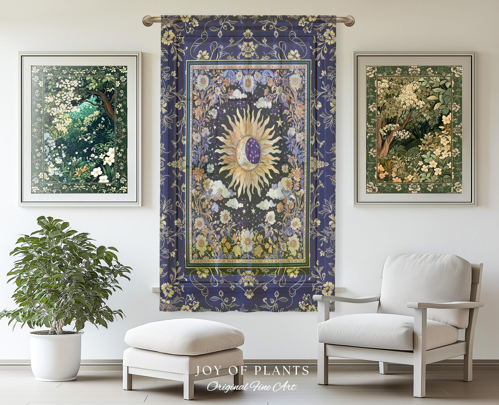 Cosmic Whimsy Fairycore Curtain | Ethereal Sun Drapes for Celestial Bedroom Floral Tarot Theme Sun and Moon Colorful Maximalist Witchy Style