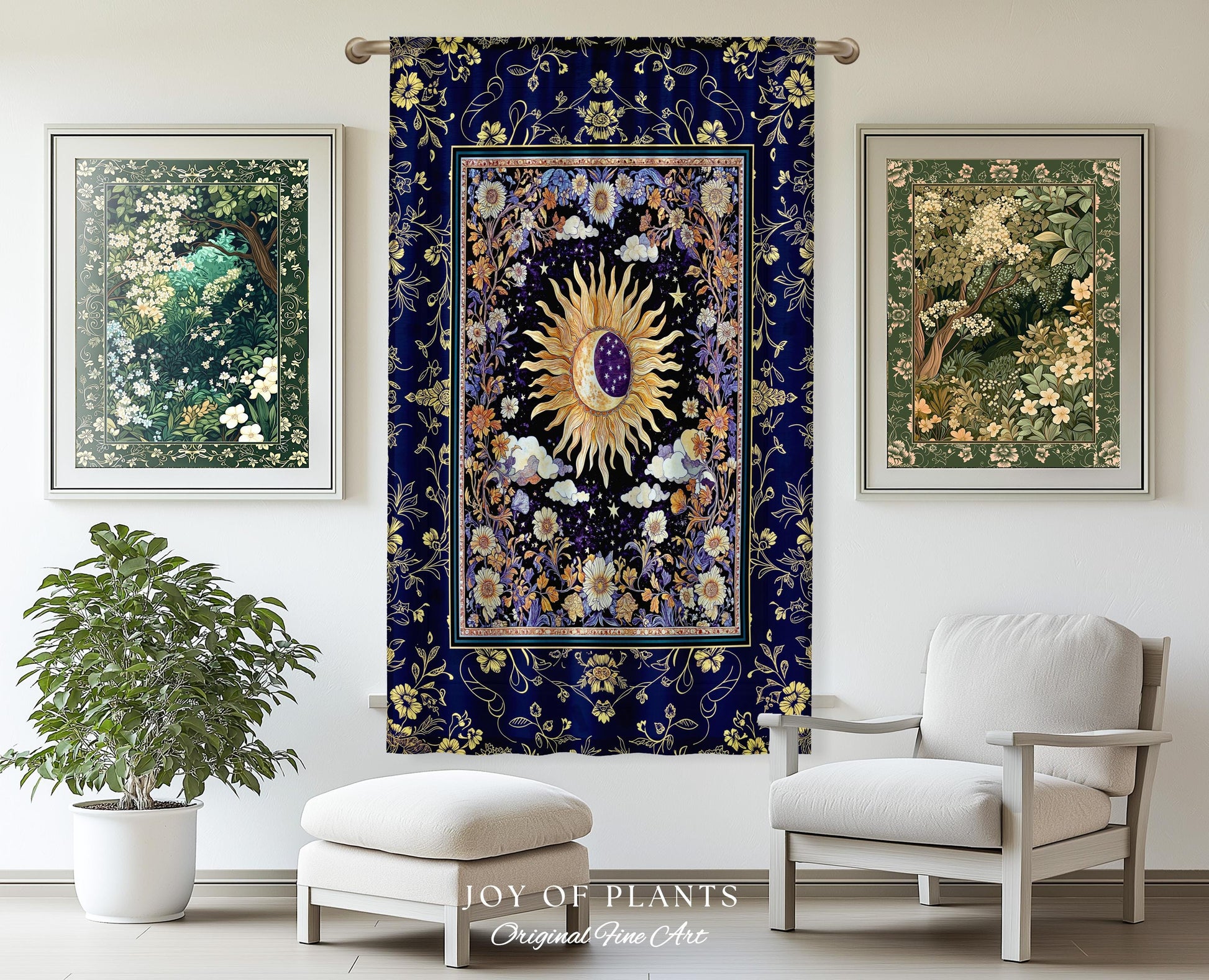 Cosmic Whimsy Fairycore Curtain | Ethereal Sun Drapes for Celestial Bedroom Floral Tarot Theme Sun and Moon Colorful Maximalist Witchy Style