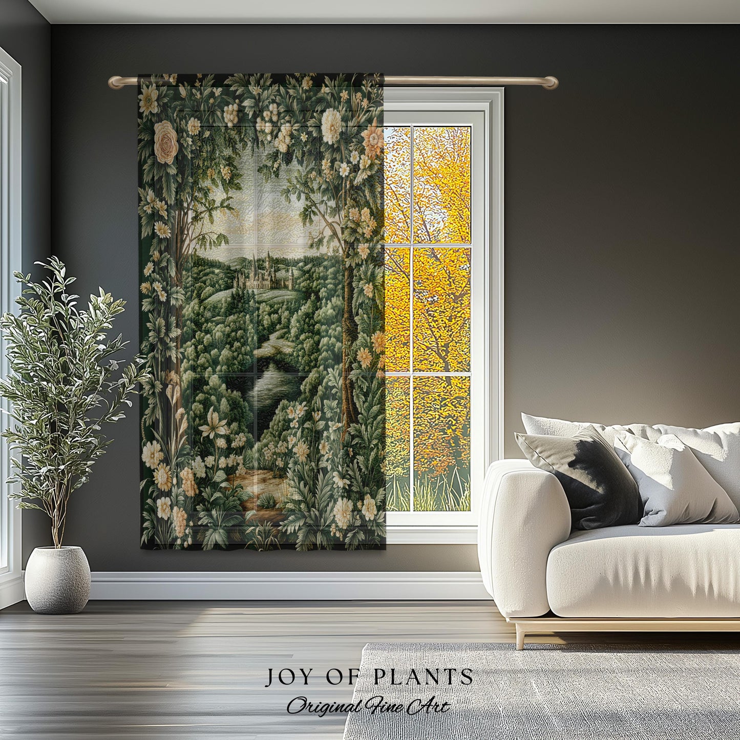Castle Landscape Botanical Curtains | Fairytale Aesthetic Mystic Garden Drapes Fairycore Woodland Nature Princesscore Blackout Panel Floral