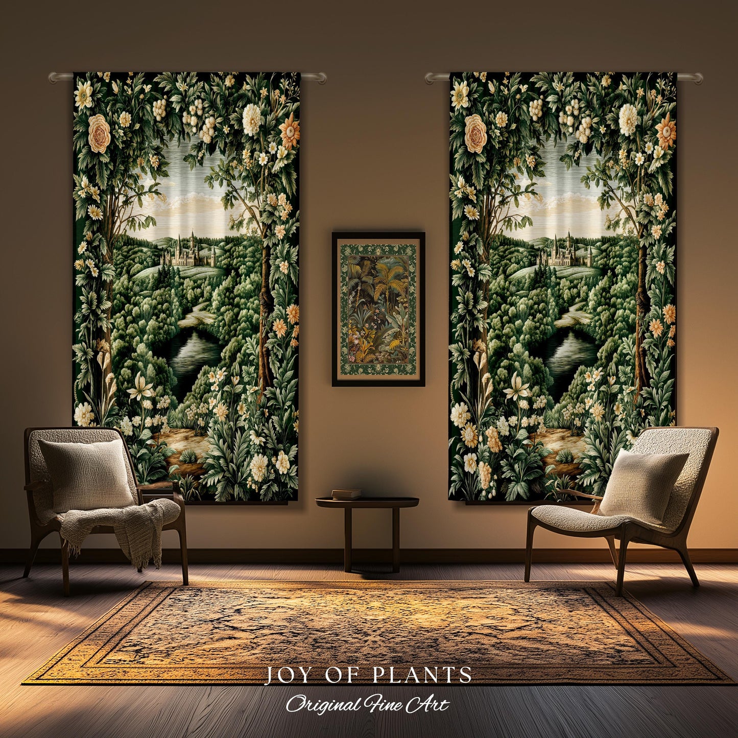 Castle Landscape Botanical Curtains | Fairytale Aesthetic Mystic Garden Drapes Fairycore Woodland Nature Princesscore Blackout Panel Floral