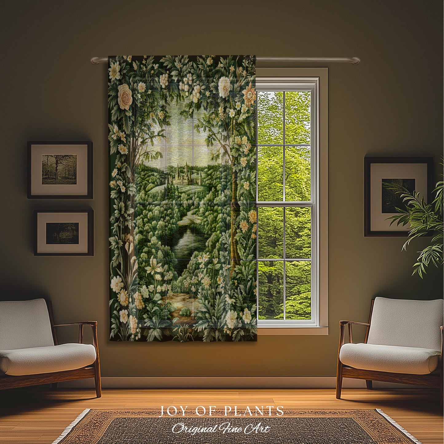 Castle Landscape Botanical Curtains | Fairytale Aesthetic Mystic Garden Drapes Fairycore Woodland Nature Princesscore Blackout Panel Floral