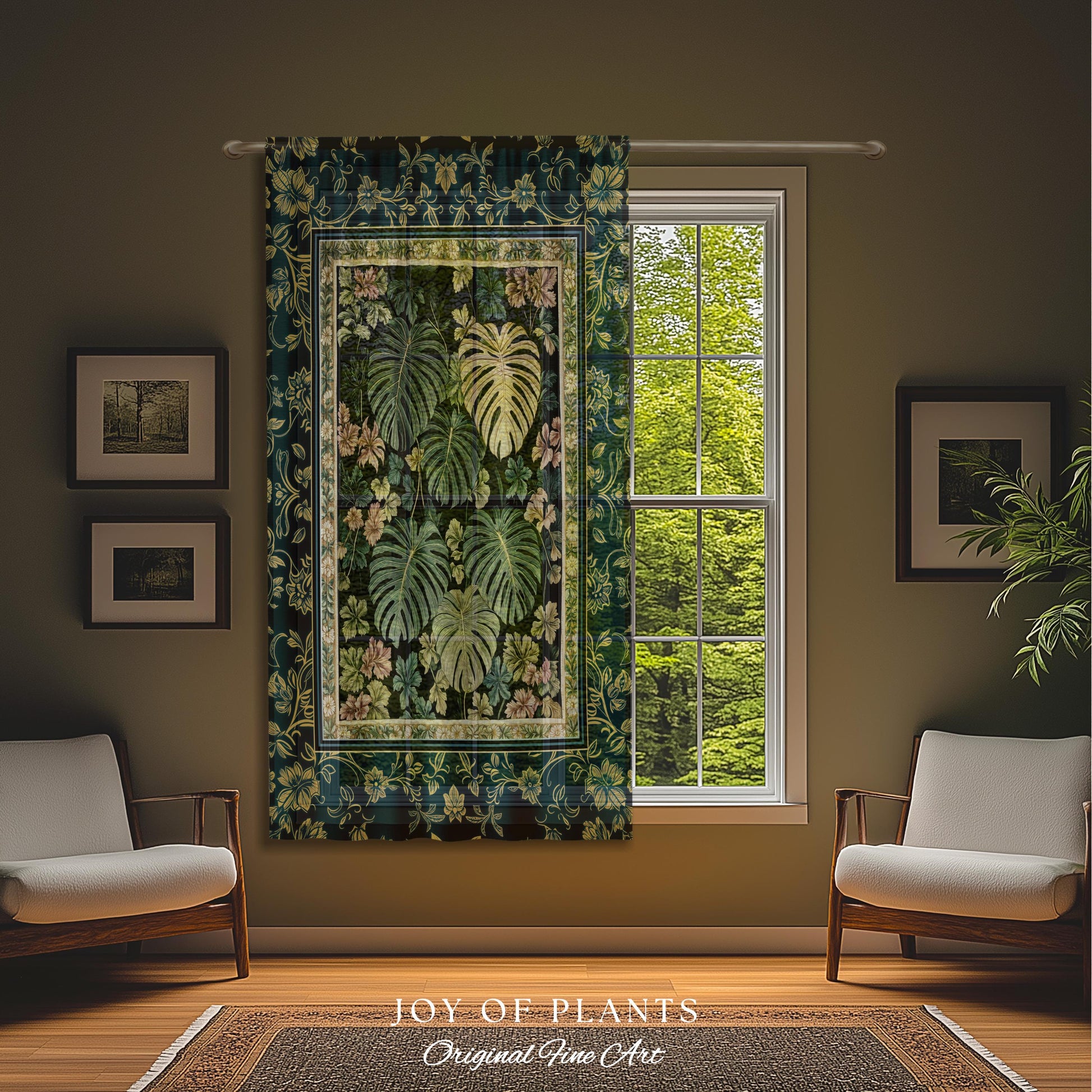 Botanical Cozy Curtain Maximalist Jungle | Plant Lady Decor Monstera Deliciosa Bedroom Woodland Magical Dark Academia Emerald Style Drapes