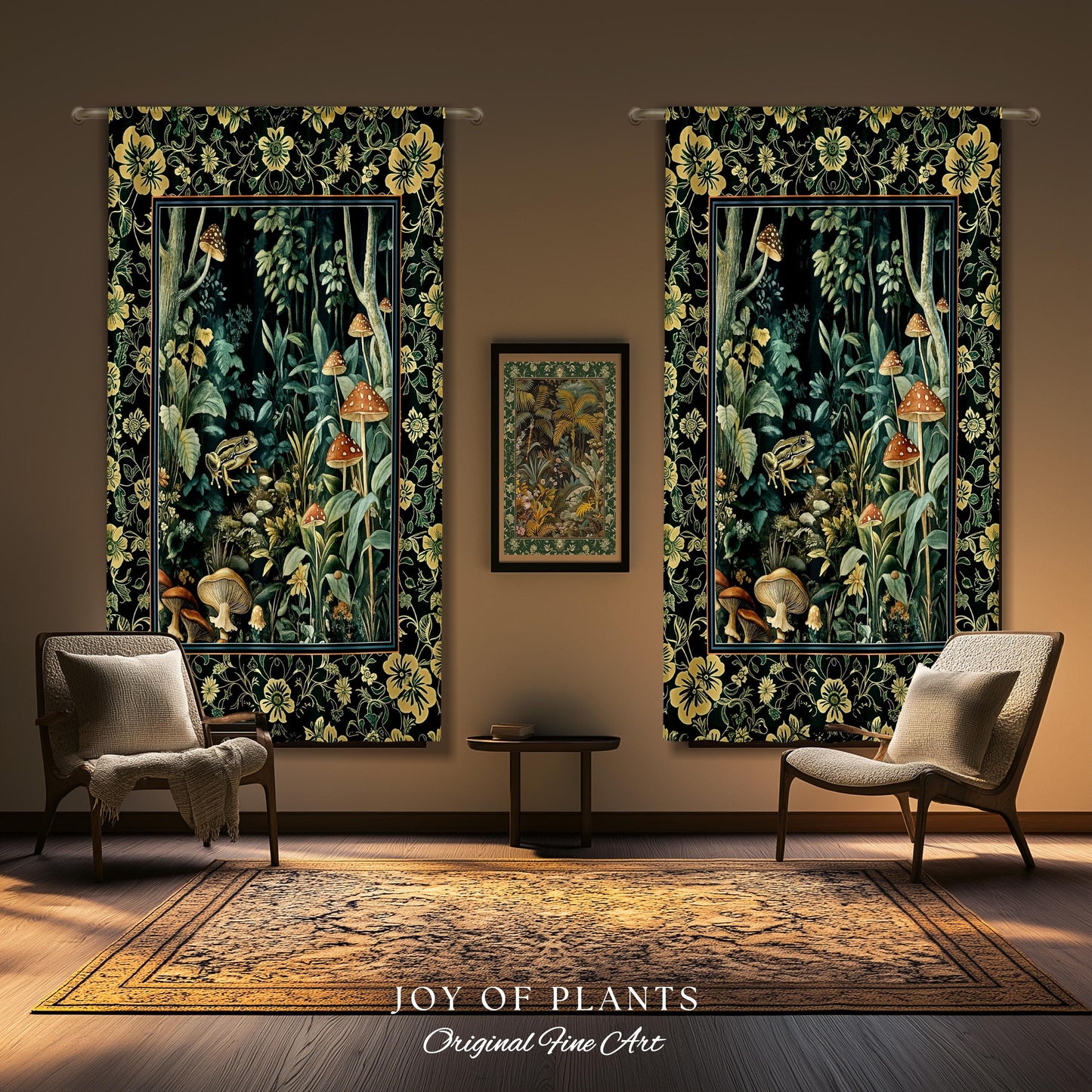 Magical Mushroom Folklore Forest Curtain | Cute Woodland Bedroom Goblincore Forest Woodland Whimsy Toadstool Aesthetic Nature Lover Drapes |