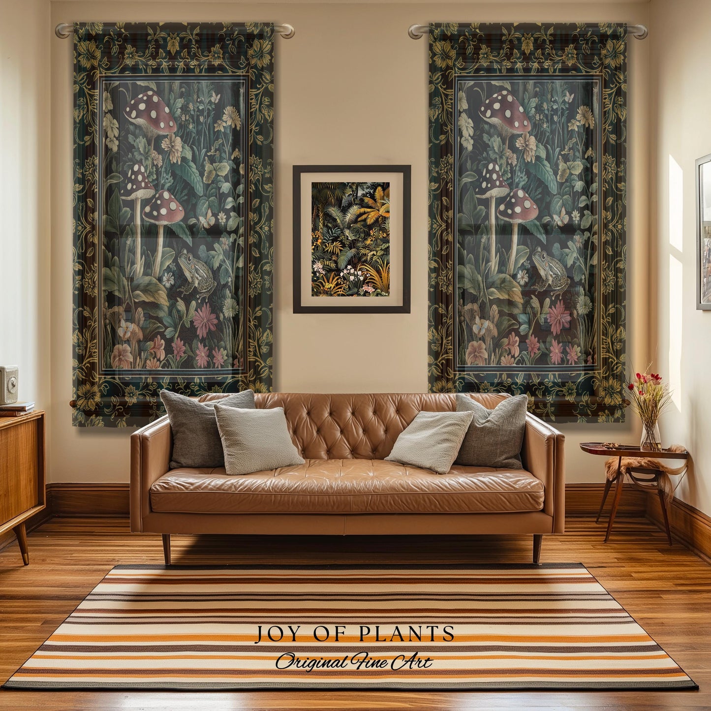 Fairytale Forest Mushroom Frog Curtain | Trendy Aesthetic Cottagecore Botanical Curtain for Emerald Green Bathroom Funky Woodland Drapes |