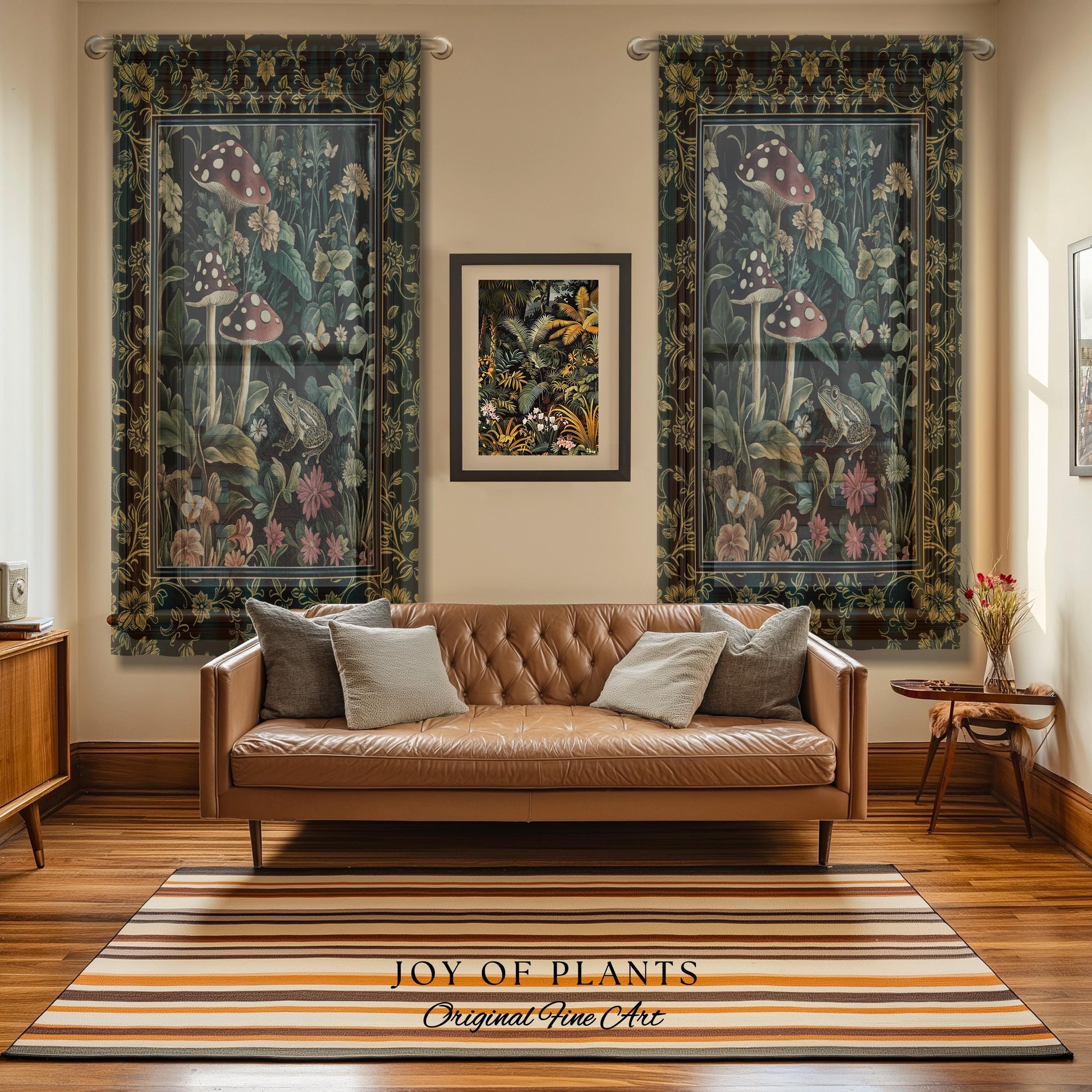 Fairytale Forest Mushroom Frog Curtain | Trendy Aesthetic Cottagecore Botanical Curtain for Emerald Green Bathroom Funky Woodland Drapes |