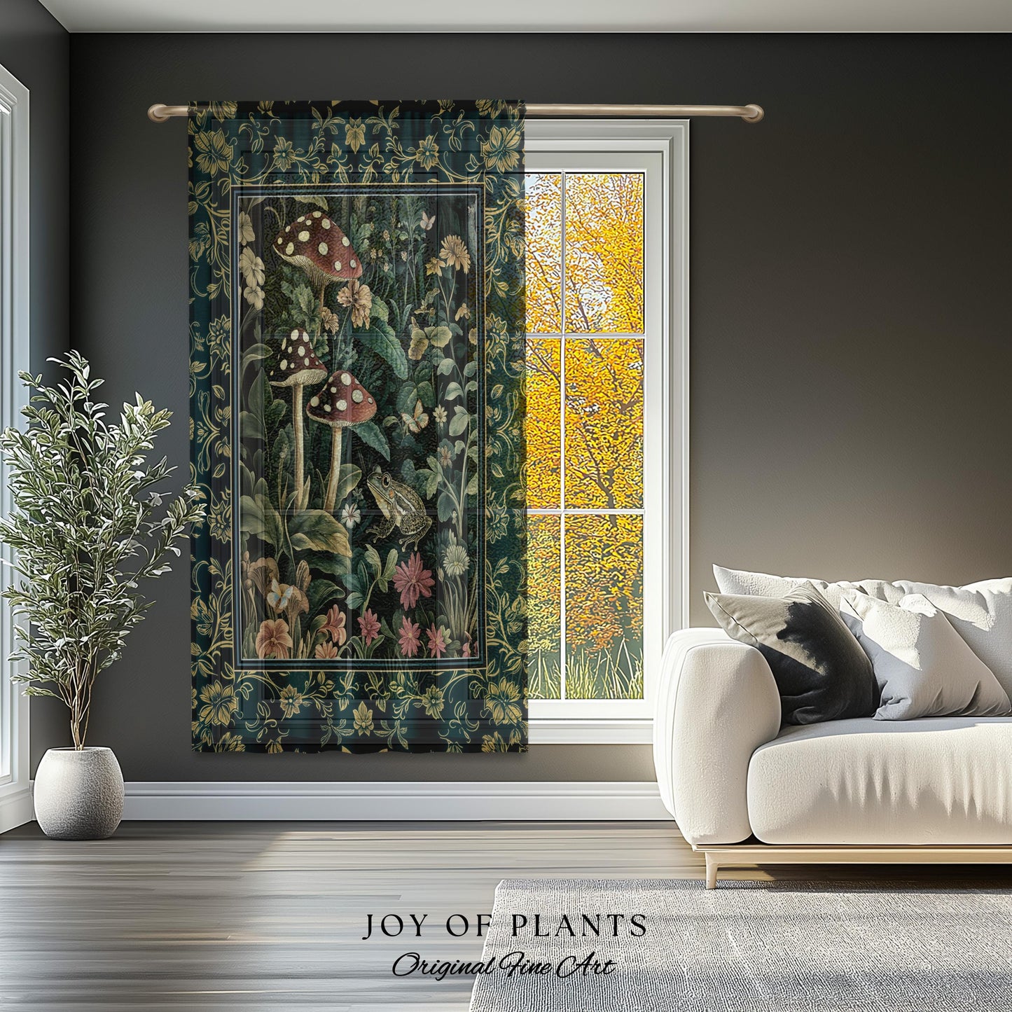 Fairytale Forest Mushroom Frog Curtain | Trendy Aesthetic Cottagecore Botanical Curtain for Emerald Green Bathroom Funky Woodland Drapes |