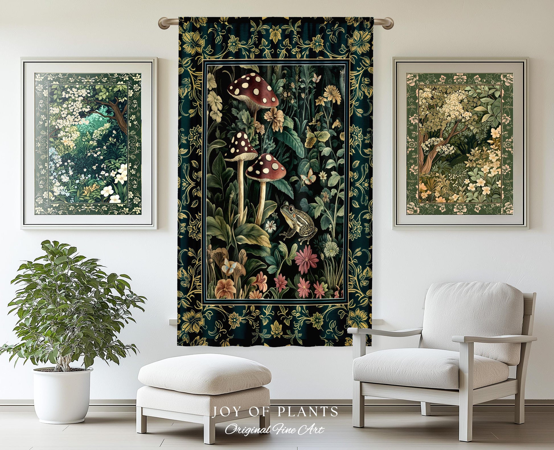 Fairytale Forest Mushroom Frog Curtain | Trendy Aesthetic Cottagecore Botanical Curtain for Emerald Green Bathroom Funky Woodland Drapes |