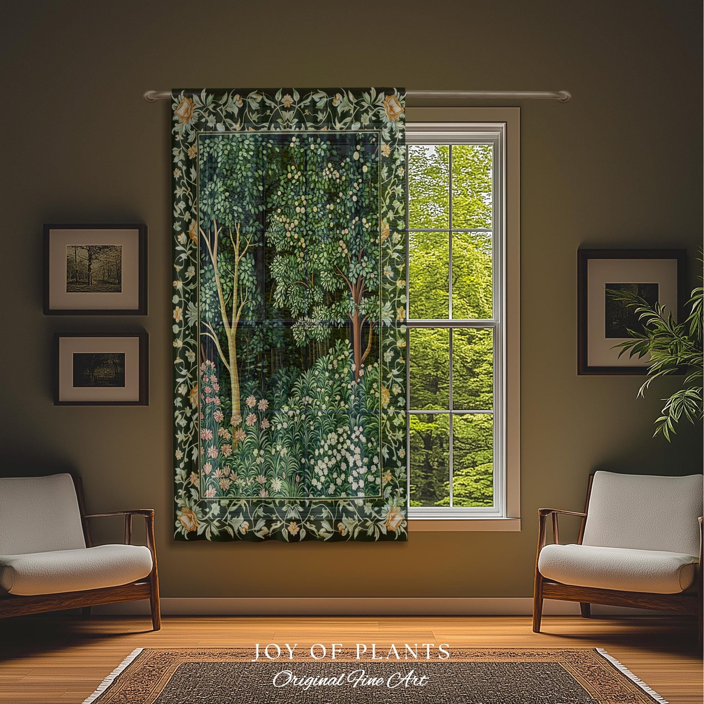 Medieval Forest Botanical Bedroom Accent Curtain | Woodland Botanical Emerald Green Vintage Aesthetic Mystic Storybook Drapes Magical Style