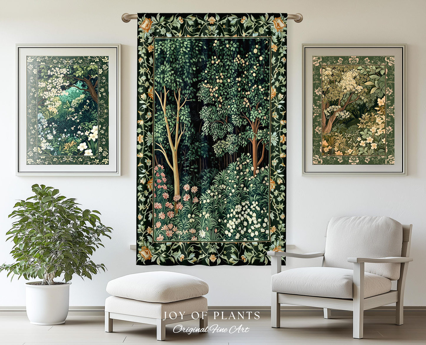 Medieval Forest Botanical Bedroom Accent Curtain | Woodland Botanical Emerald Green Vintage Aesthetic Mystic Storybook Drapes Magical Style