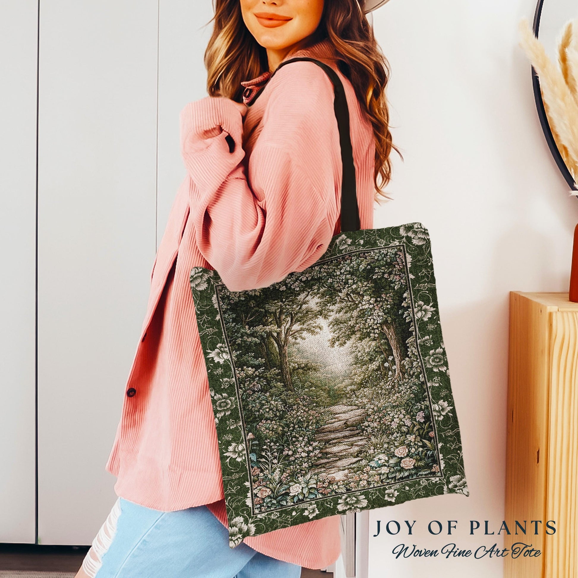 Mystic Garden Fairytale Landscape Tapestry Tote | Fairycore Woodland Nature Lover Book Nook Bag Cozy Earthy Aesthetic Whimsical Botanical |