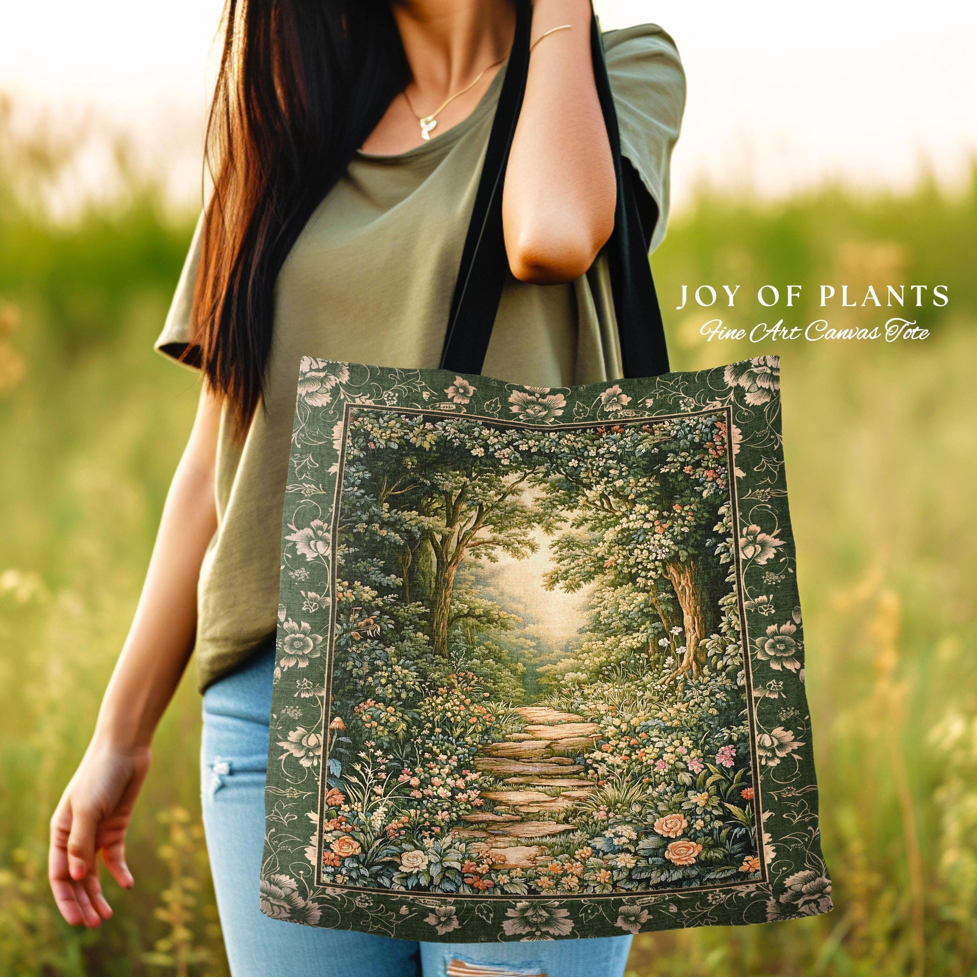Mystic Garden Fairytale Landscape Tapestry Tote | Fairycore Woodland Nature Lover Book Nook Bag Cozy Earthy Aesthetic Whimsical Botanical |