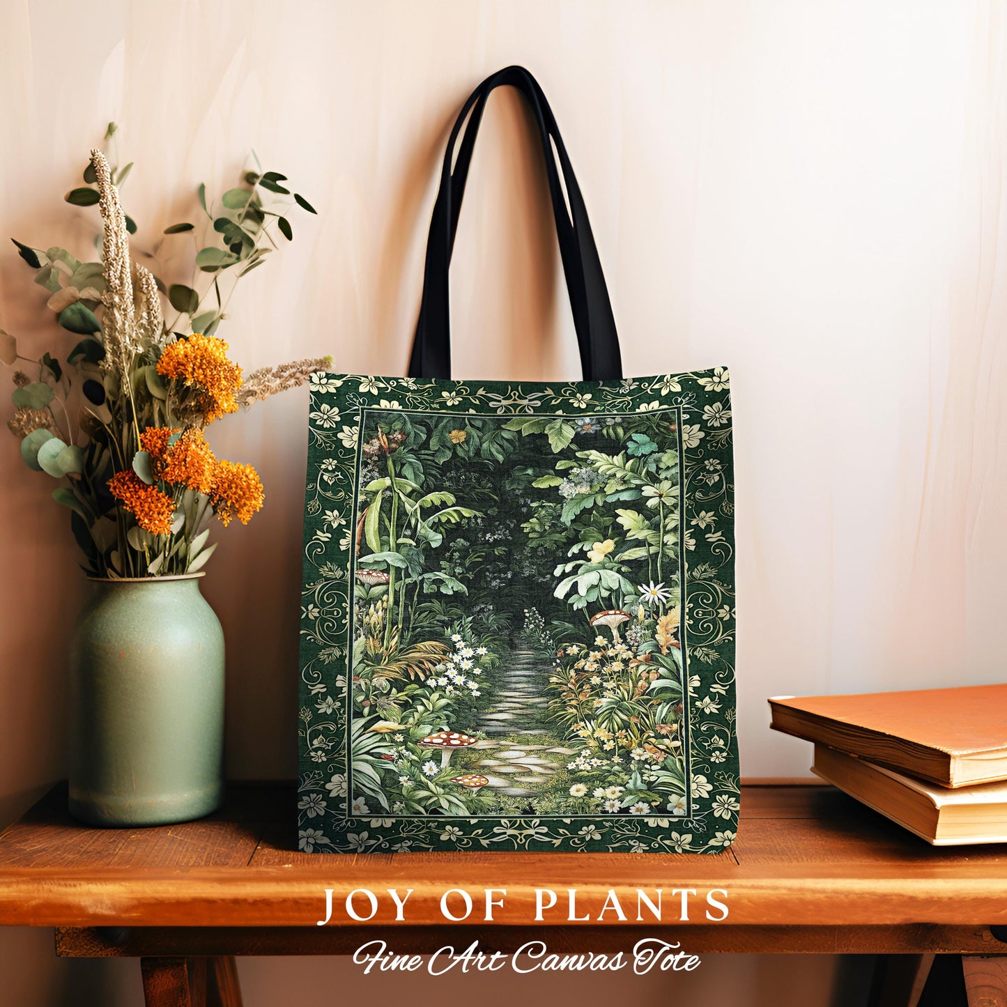 Soft Green Woodland Tote Bag Woven | Fairycore Woodland Nature Lover Book Nook Cozy Earthy Tapestry Bag Boho Accent Jungle Whimsical Style