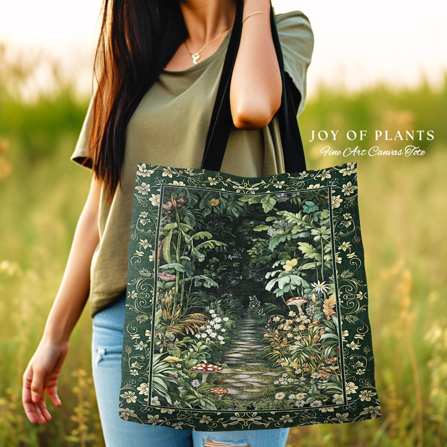 Soft Green Woodland Tote Bag Woven | Fairycore Woodland Nature Lover Book Nook Cozy Earthy Tapestry Bag Boho Accent Jungle Whimsical Style