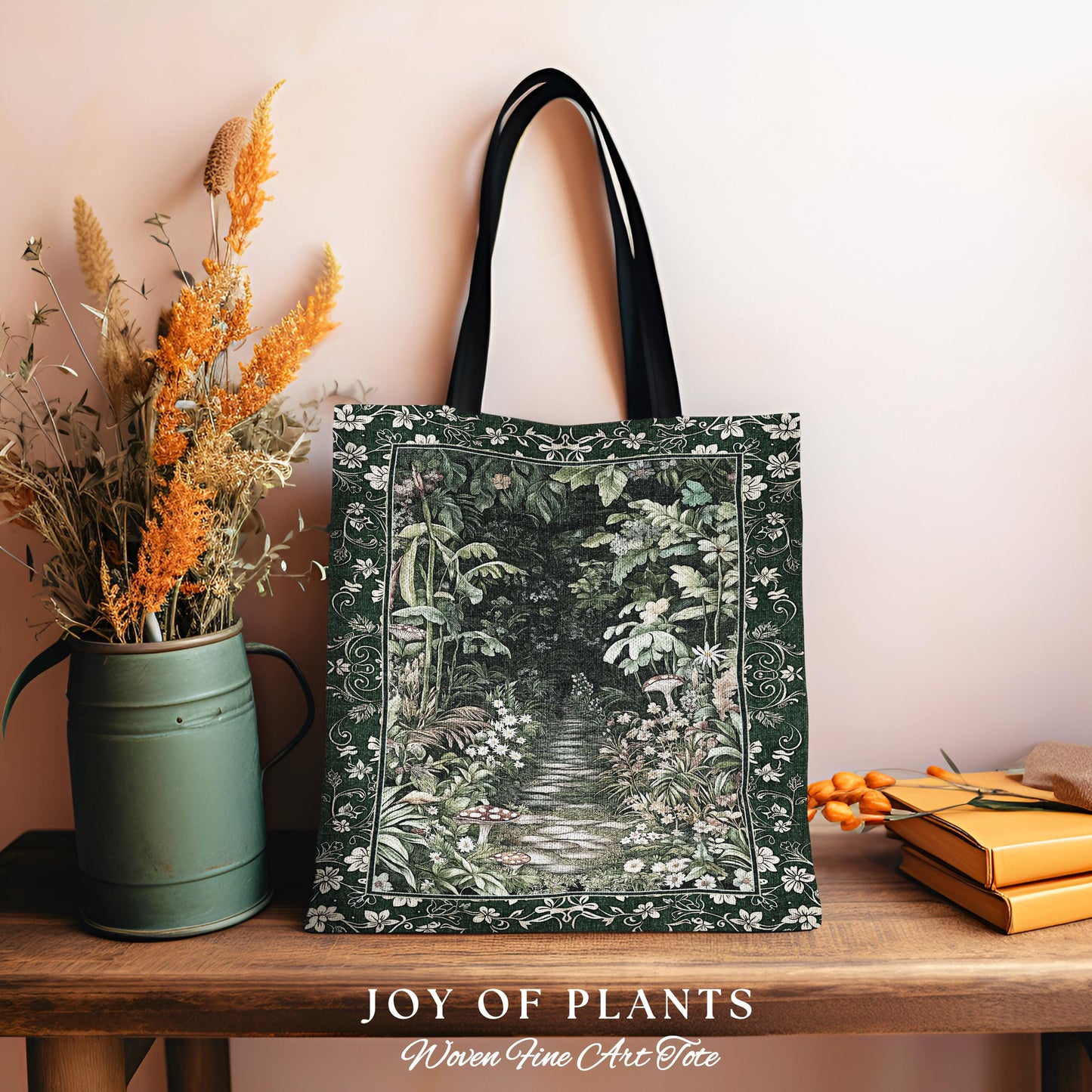 Soft Green Woodland Tote Bag Woven | Fairycore Woodland Nature Lover Book Nook Cozy Earthy Tapestry Bag Boho Accent Jungle Whimsical Style