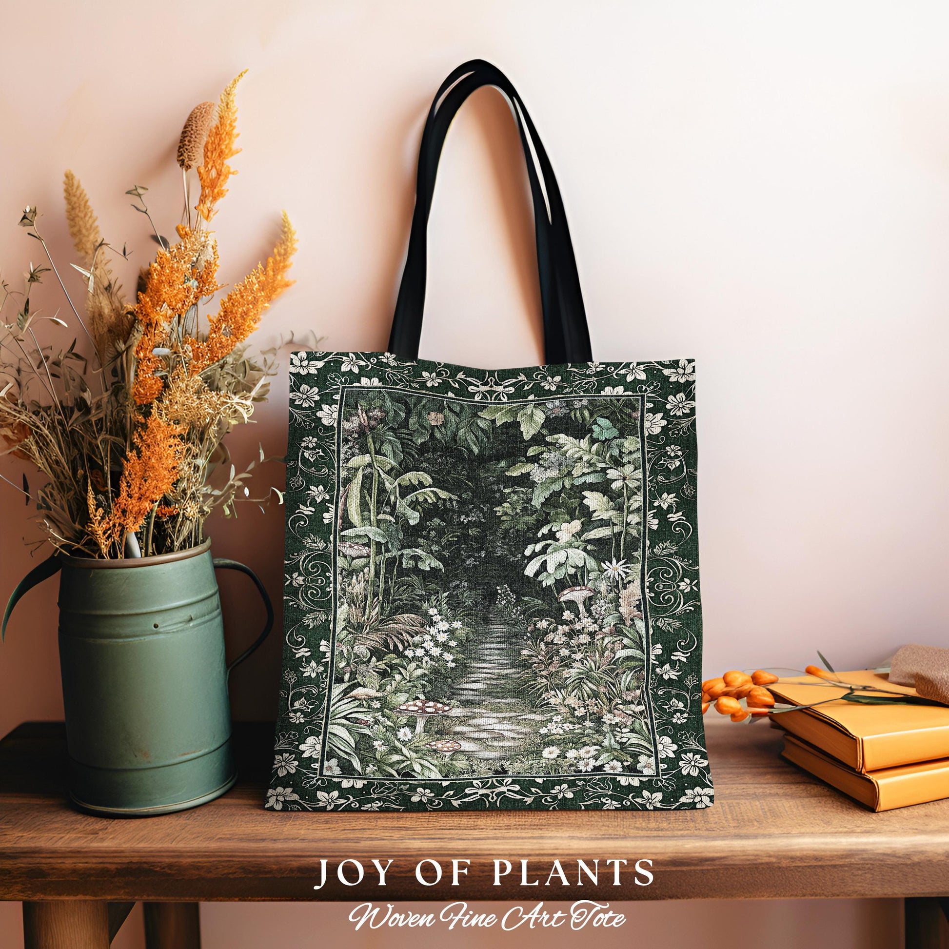 Soft Green Woodland Tote Bag Woven | Fairycore Woodland Nature Lover Book Nook Cozy Earthy Tapestry Bag Boho Accent Jungle Whimsical Style