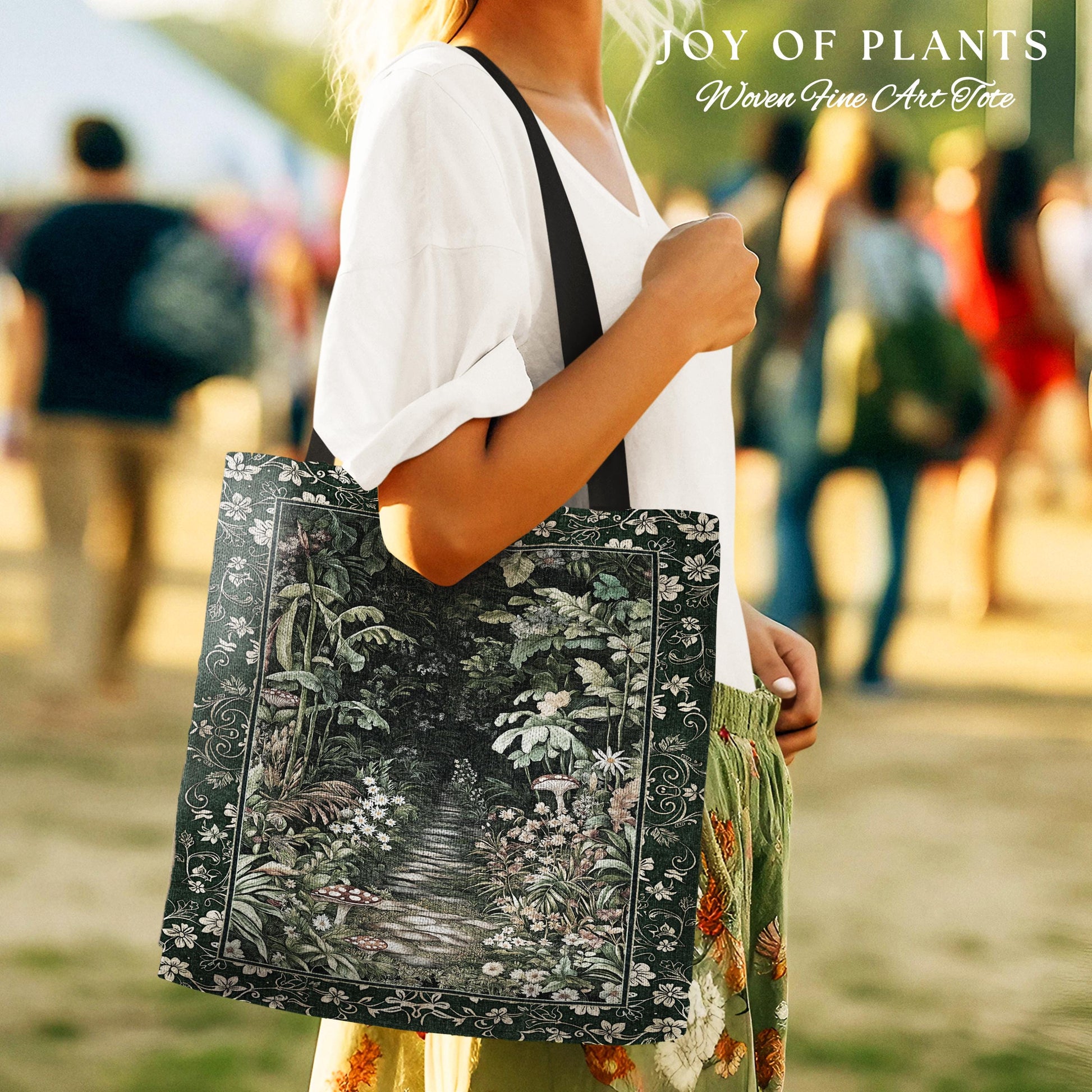 Soft Green Woodland Tote Bag Woven | Fairycore Woodland Nature Lover Book Nook Cozy Earthy Tapestry Bag Boho Accent Jungle Whimsical Style