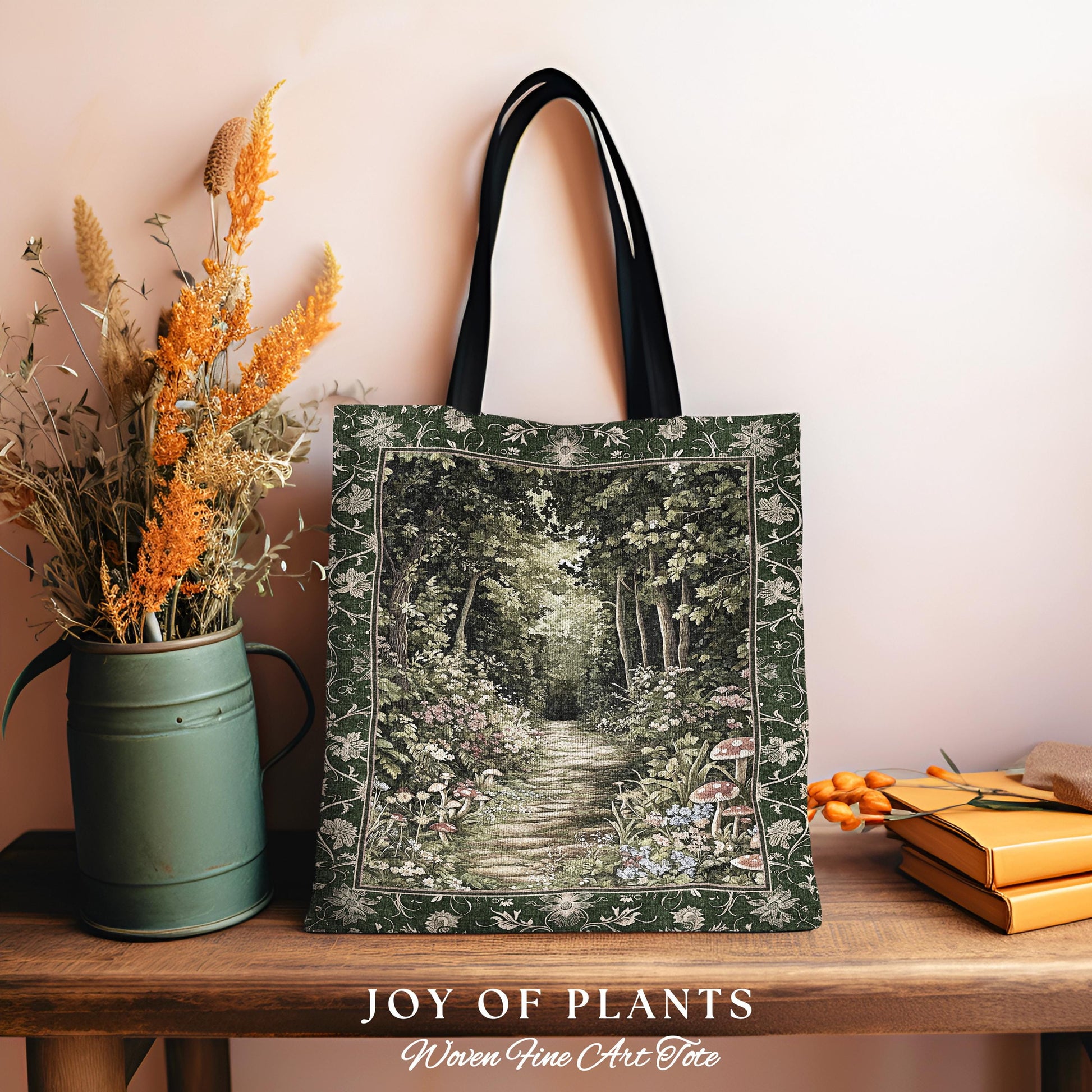 Natural Plants Ethereal Folklore Tote Bag | Woodland Fairy Inspired Nature Lover Gift Cozy Earthy Tapestry Book Bag Mystical Floral Mushroom