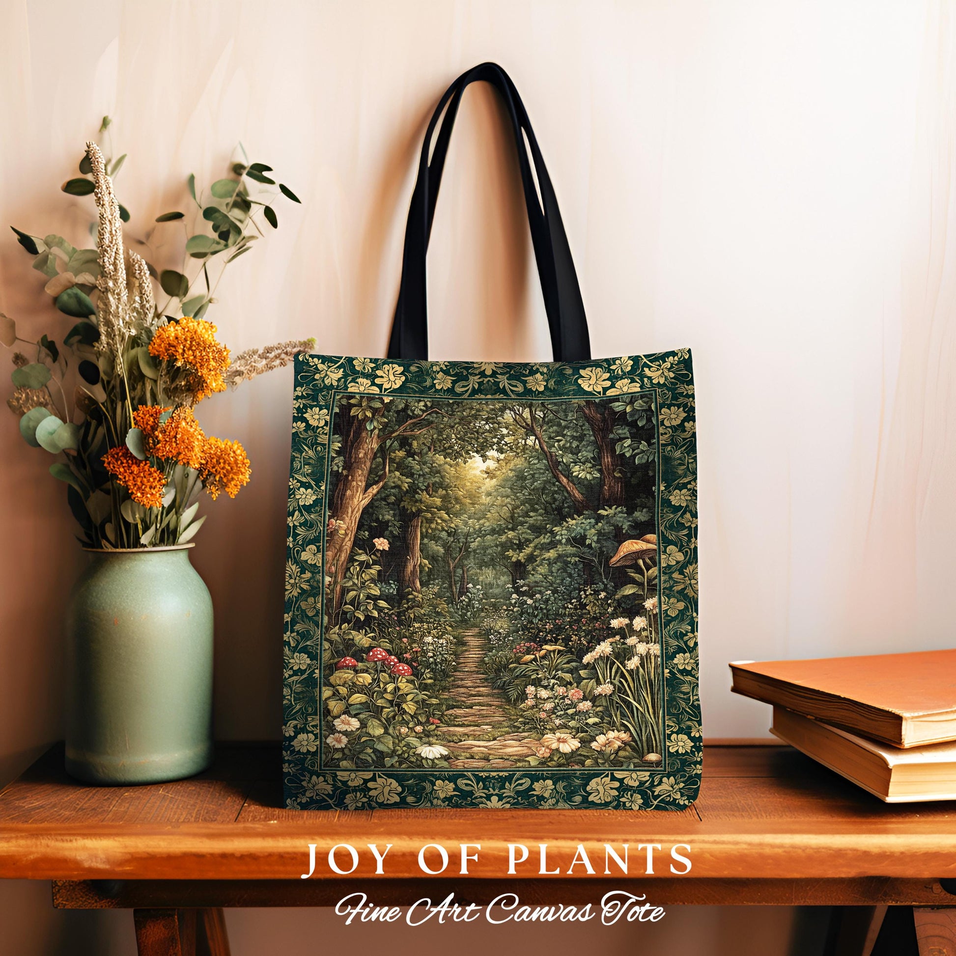 Botanical Style Tapestry Bag Fairycore | Woodland Mushroom Aesthetic Nature Lover Book Bag Tapestry Tote Woven Emerald Green Decor Whimsical