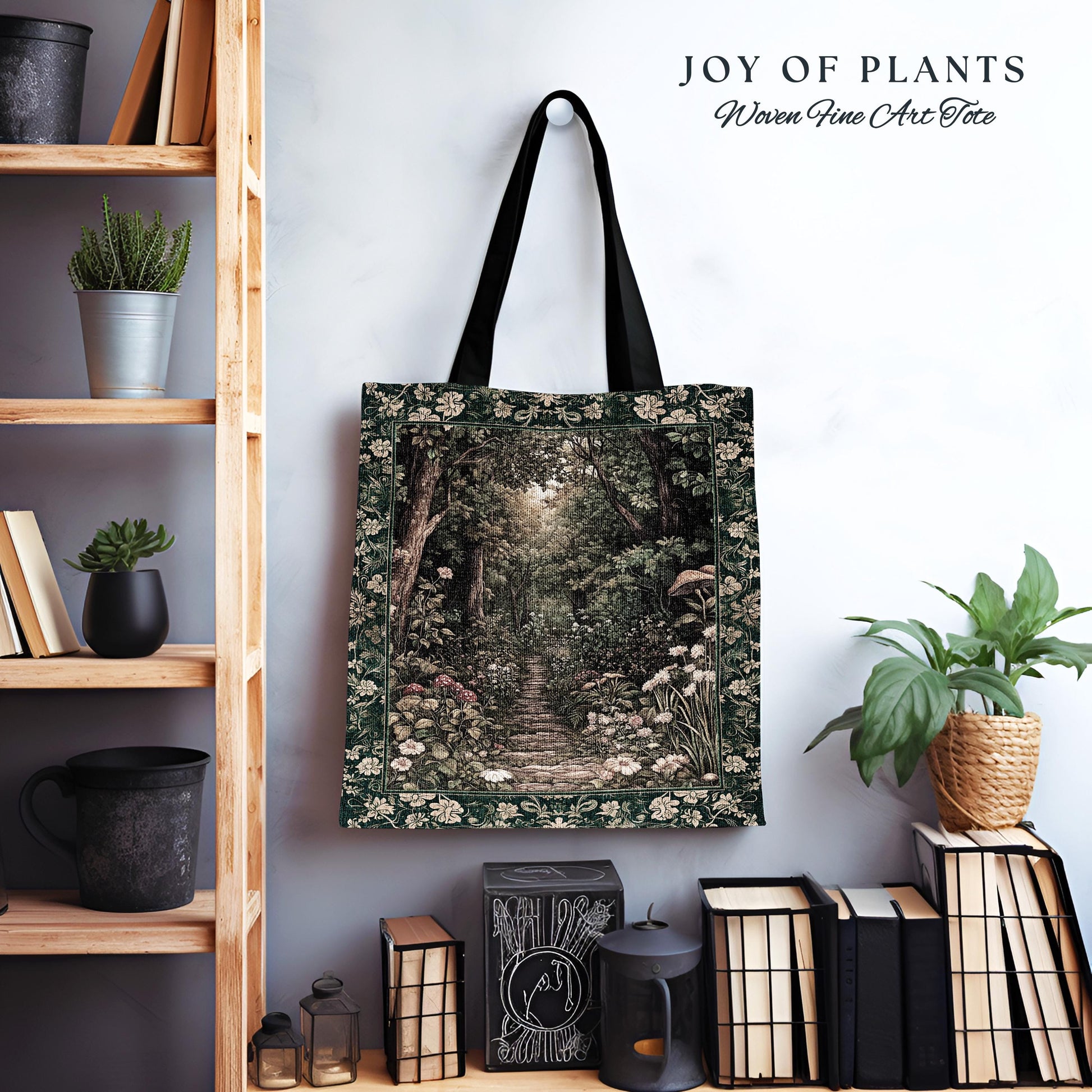 Botanical Style Tapestry Bag Fairycore | Woodland Mushroom Aesthetic Nature Lover Book Bag Tapestry Tote Woven Emerald Green Decor Whimsical