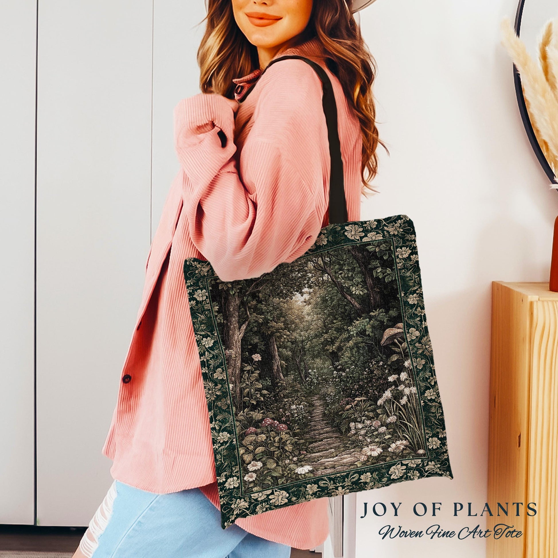 Botanical Style Tapestry Bag Fairycore | Woodland Mushroom Aesthetic Nature Lover Book Bag Tapestry Tote Woven Emerald Green Decor Whimsical