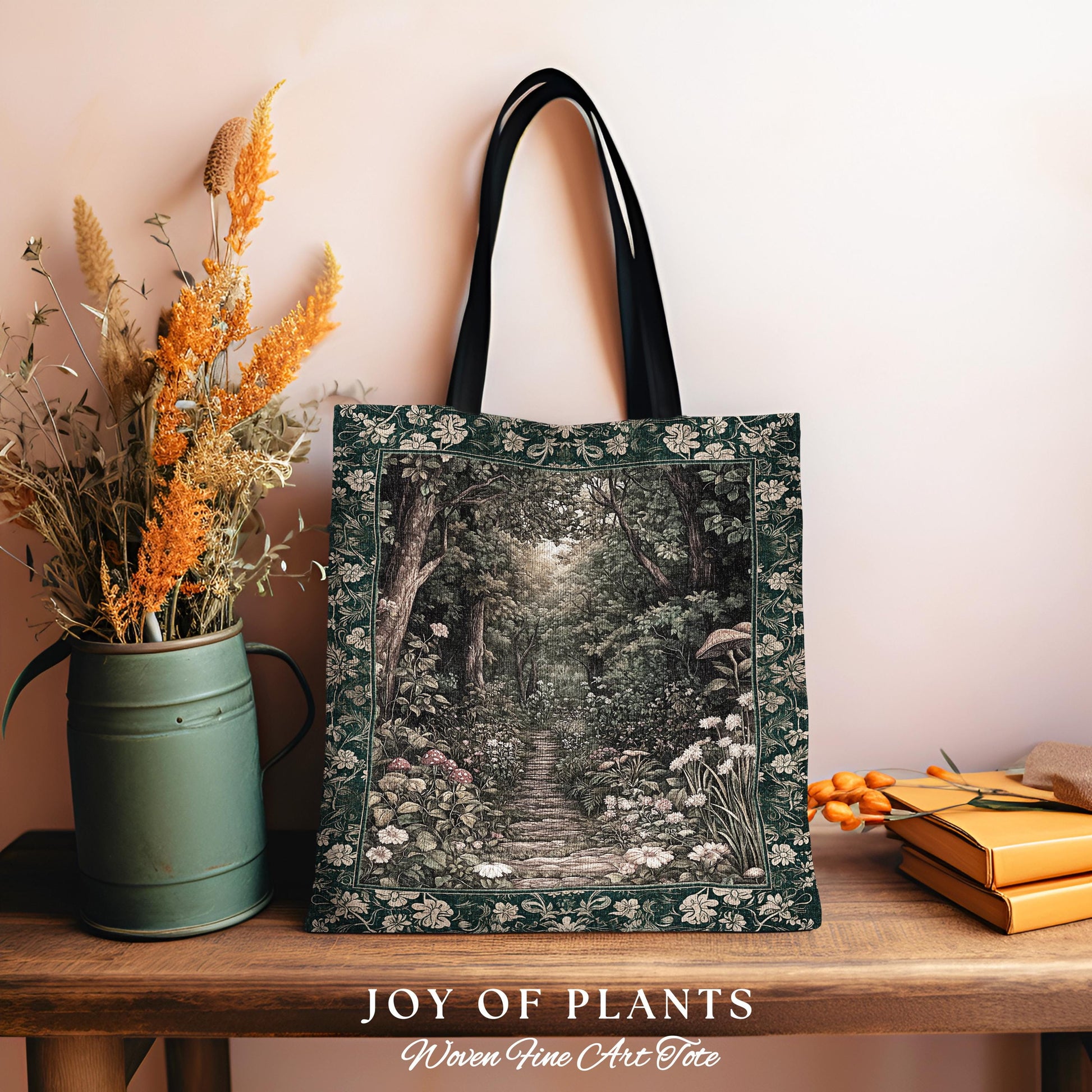 Botanical Style Tapestry Bag Fairycore | Woodland Mushroom Aesthetic Nature Lover Book Bag Tapestry Tote Woven Emerald Green Decor Whimsical