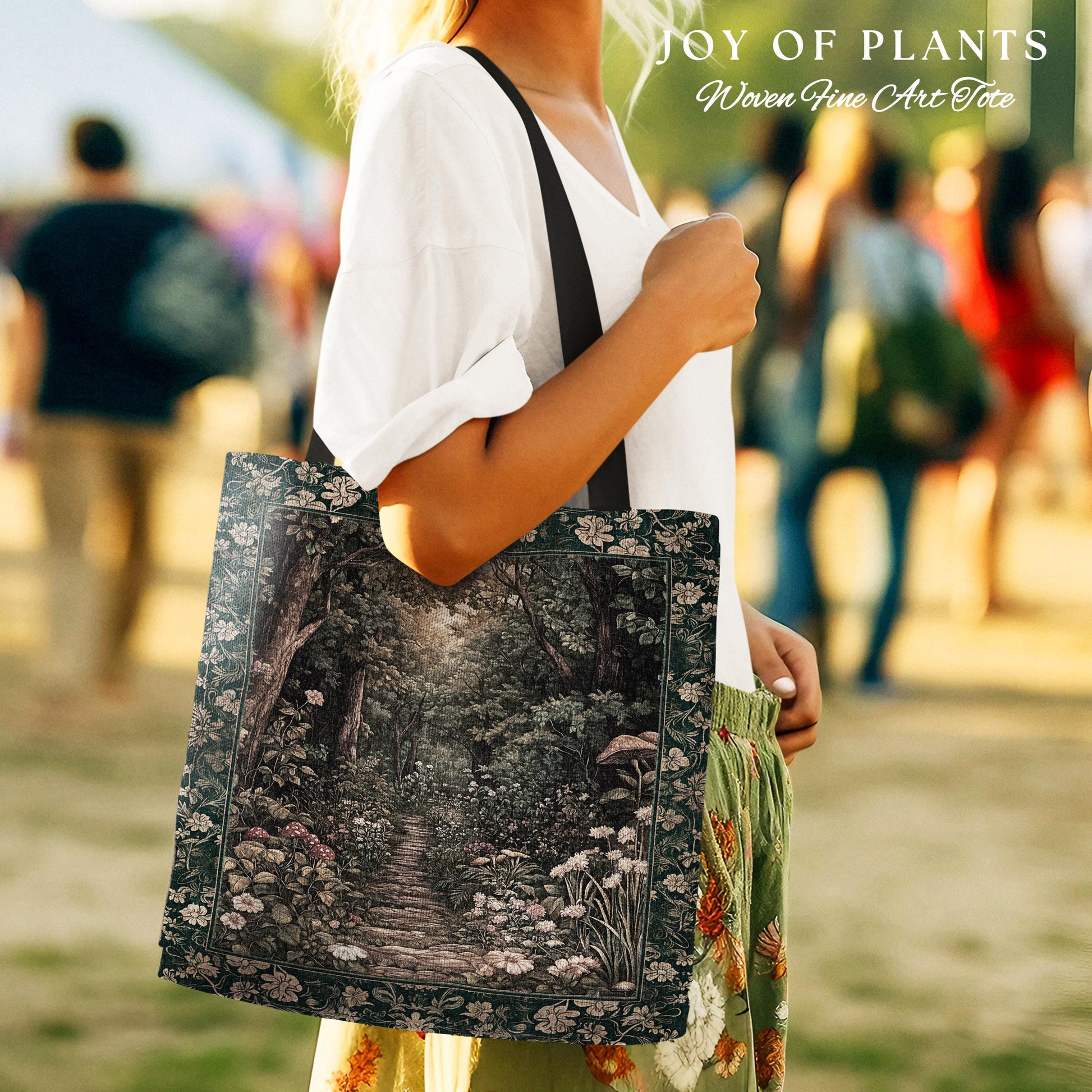 Botanical Style Tapestry Bag Fairycore | Woodland Mushroom Aesthetic Nature Lover Book Bag Tapestry Tote Woven Emerald Green Decor Whimsical