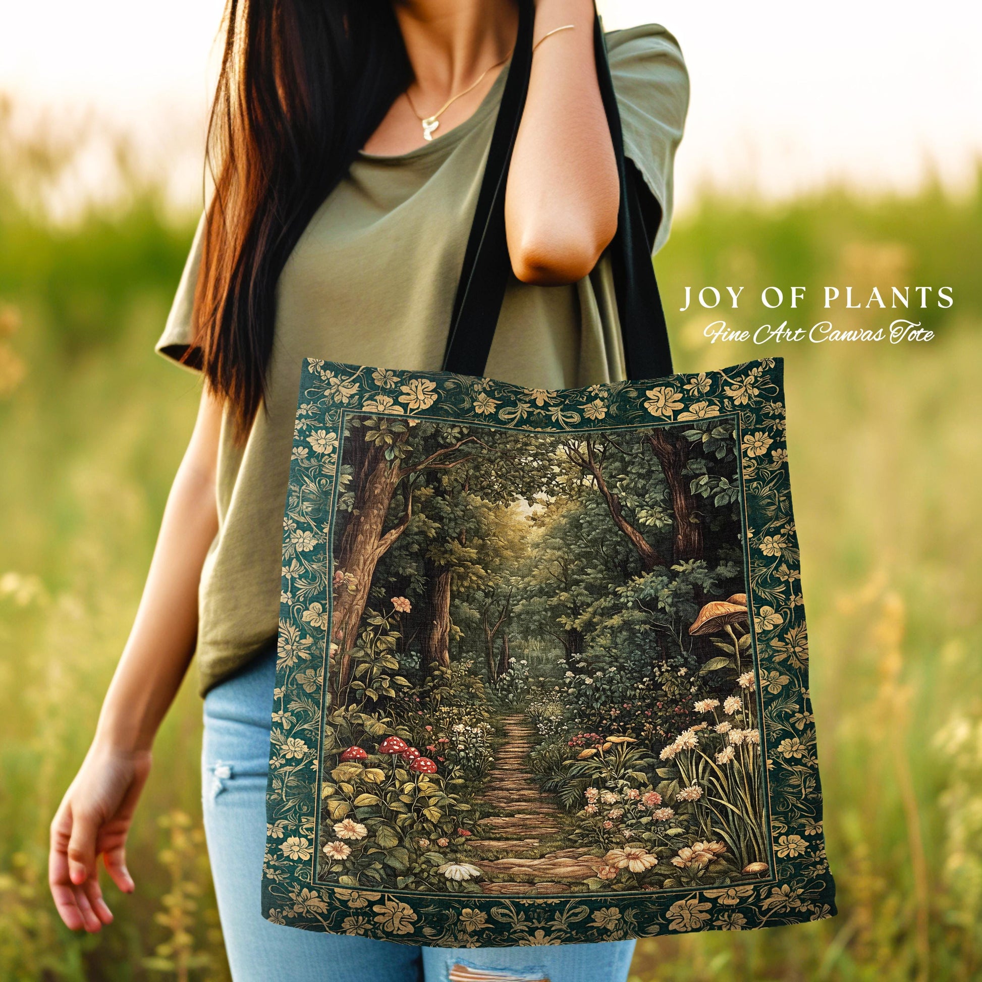 Botanical Style Tapestry Bag Fairycore | Woodland Mushroom Aesthetic Nature Lover Book Bag Tapestry Tote Woven Emerald Green Decor Whimsical
