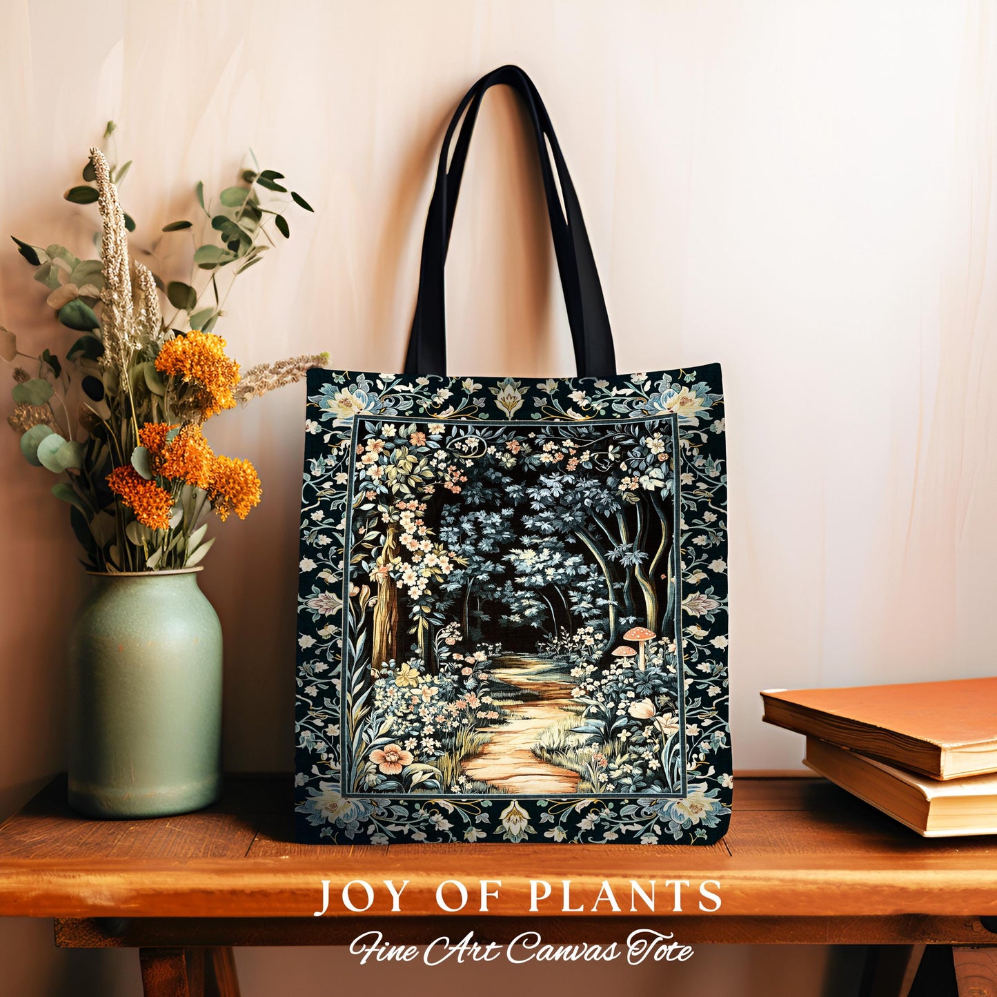 Dreamy Forest Landscape Botanical Tote | Misty Forest Dark Cottagecore Aesthetic Fairycore Bookish Woven Tapestry Bag Magical Jungle Decor |